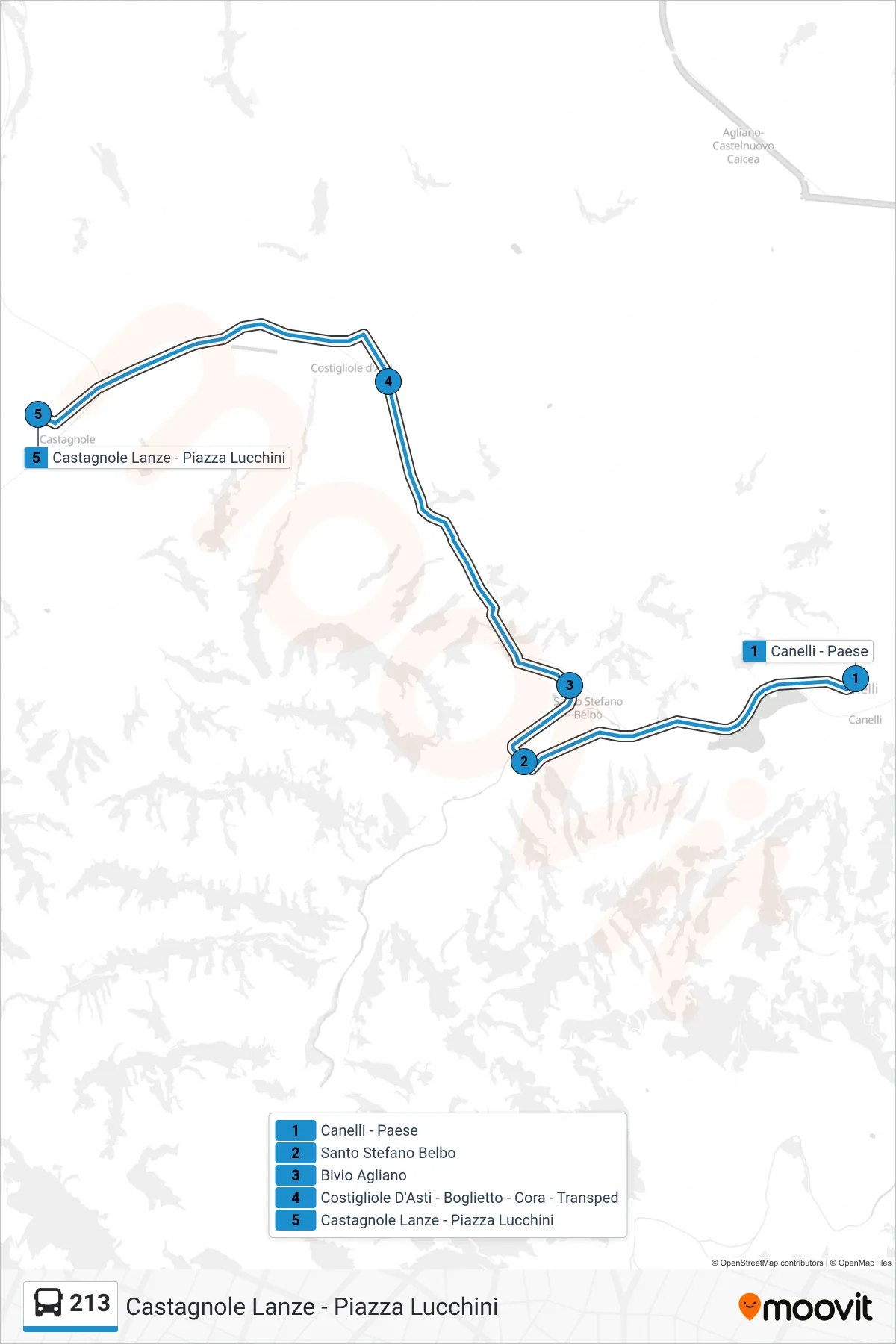 Linea 213  bus (Castagnole Lanze - Piazza Lucchini) - Percorsi e fermate sulla mappa