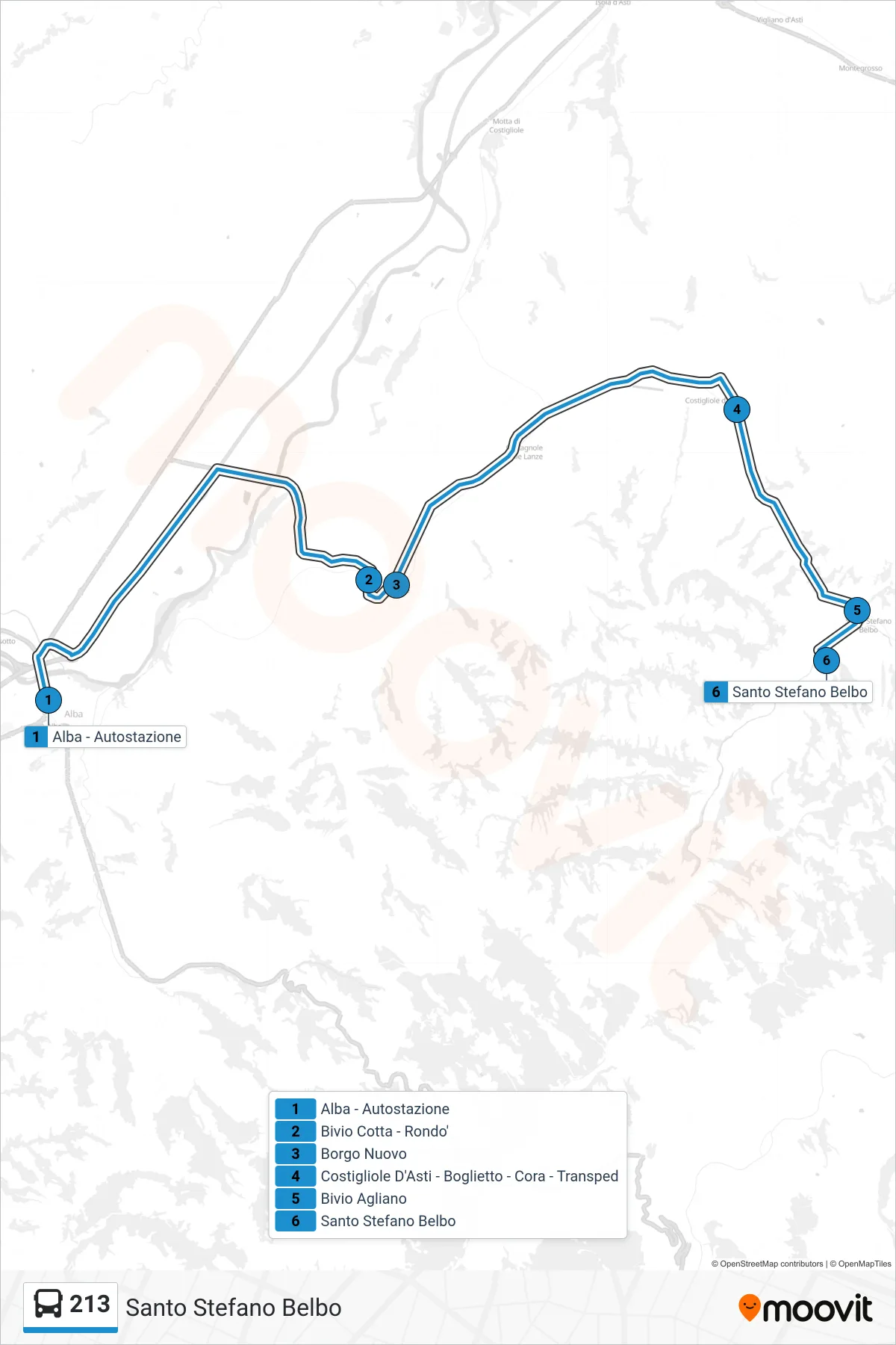 Linea 213  bus (Santo Stefano Belbo) - Percorsi e fermate sulla mappa