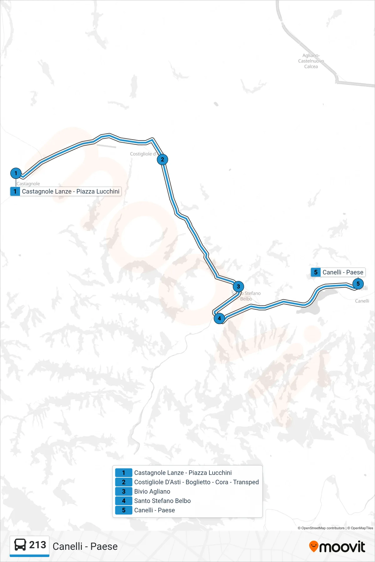 Linea 213 bus (Canelli - Paese) - Percorsi e fermate sulla mappa