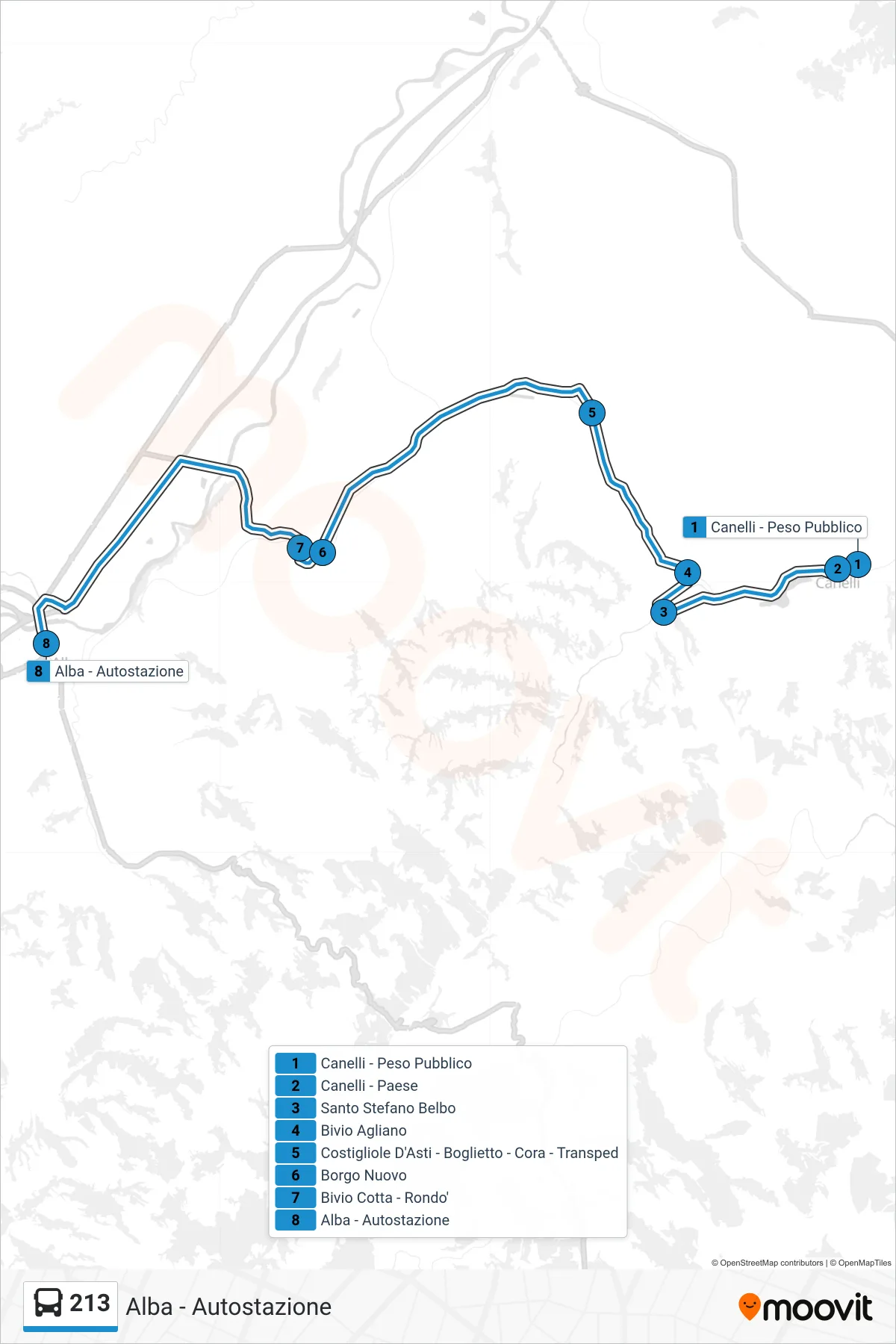 Linea 213  bus (Alba - Autostazione) - Percorsi e fermate sulla mappa