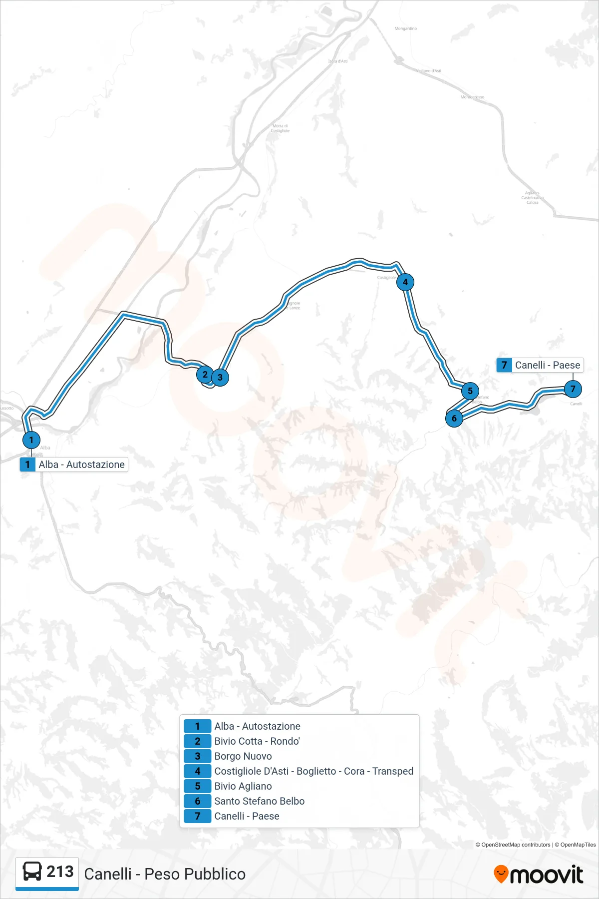 Linea 213 bus (Canelli - Peso Pubblico) - Percorsi e fermate sulla mappa