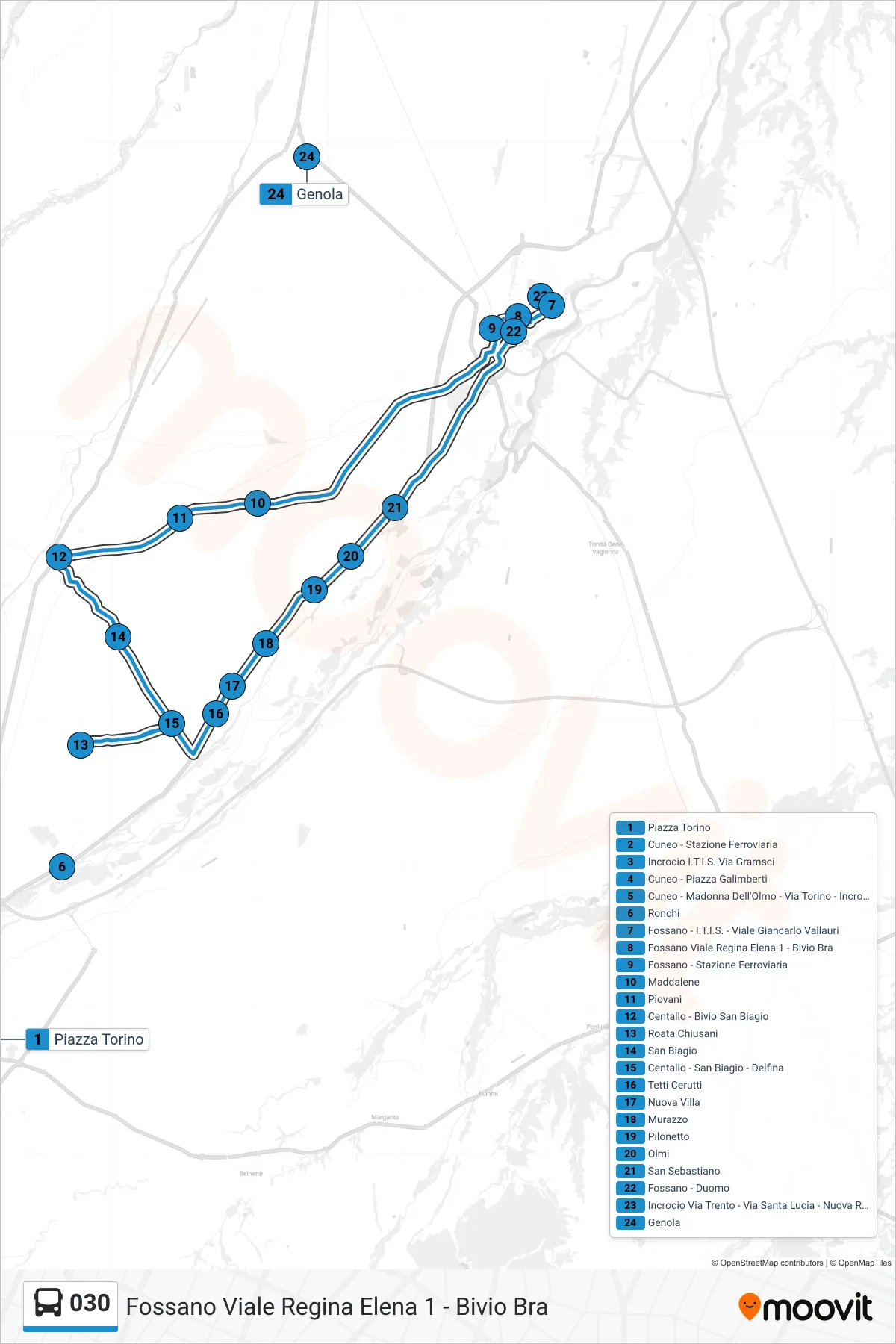 Linea 030 bus (Fossano Viale Regina Elena 1 - Bivio Bra) - Percorsi e fermate sulla mappa