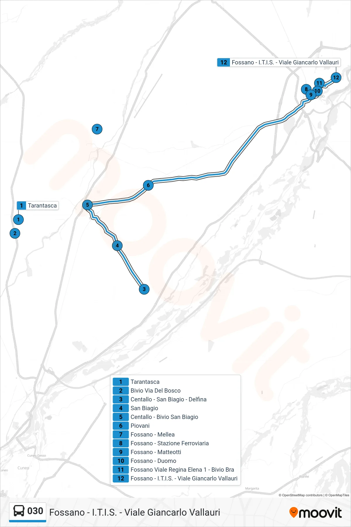 Linea 030 bus (Fossano - I.T.I.S. - Viale Giancarlo Vallauri) - Percorsi e fermate sulla mappa