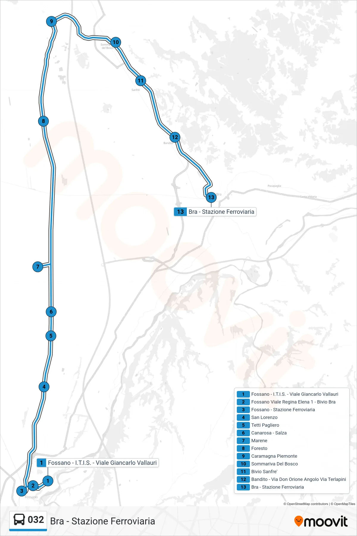 Linea 032 bus (Bra - Stazione Ferroviaria) - Percorsi e fermate sulla mappa