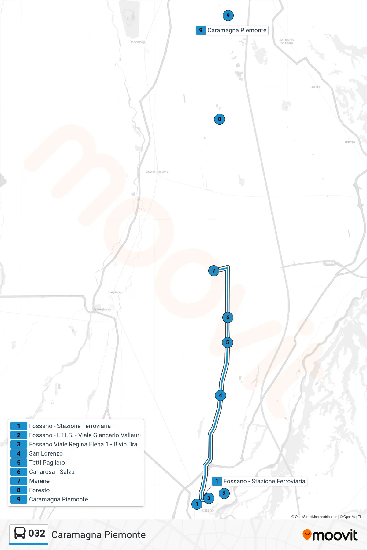 Linea 032  bus (Caramagna Piemonte) - Percorsi e fermate sulla mappa