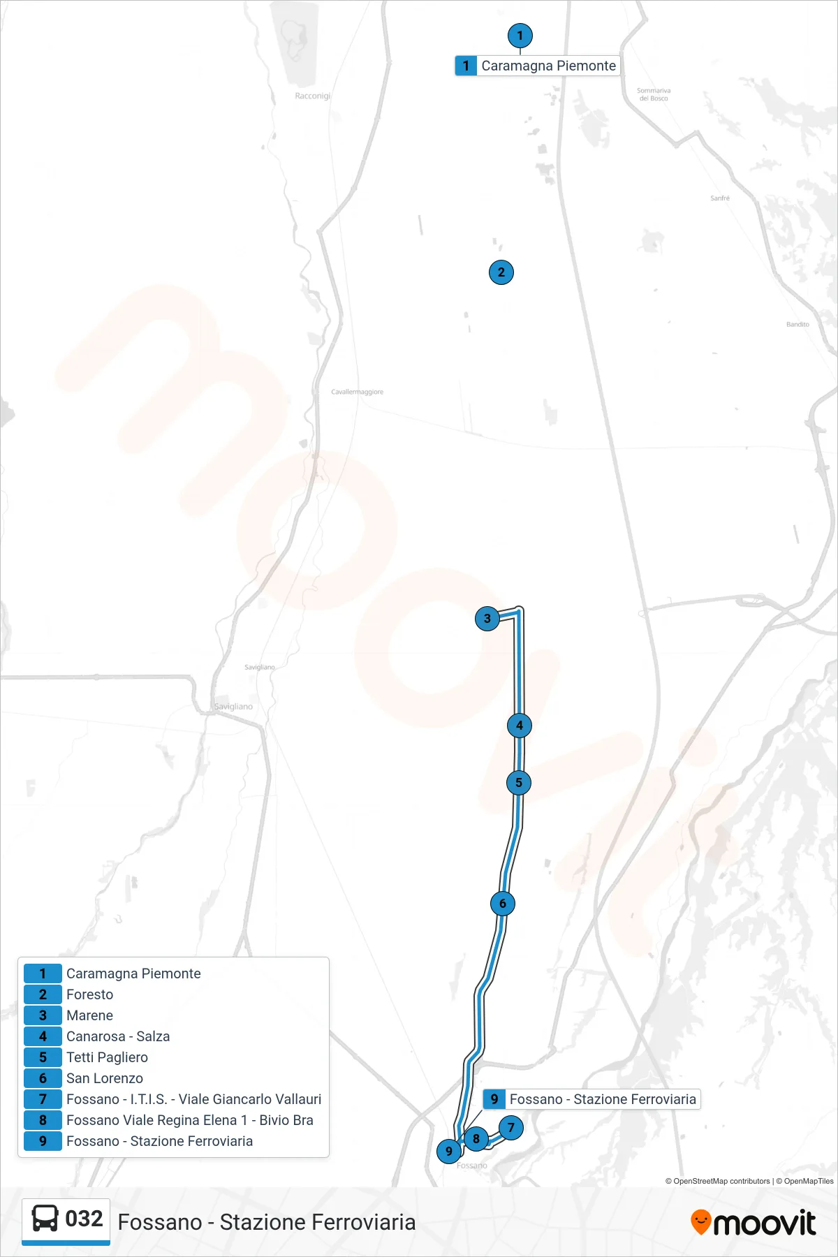 Linea 032 bus (Fossano - Stazione Ferroviaria) - Percorsi e fermate sulla mappa