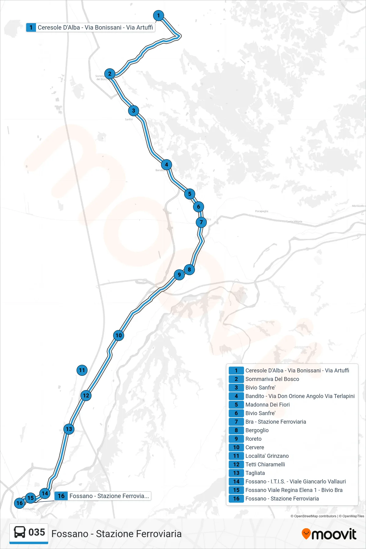 Linea 035 bus (Fossano - Stazione Ferroviaria) - Percorsi e fermate sulla mappa