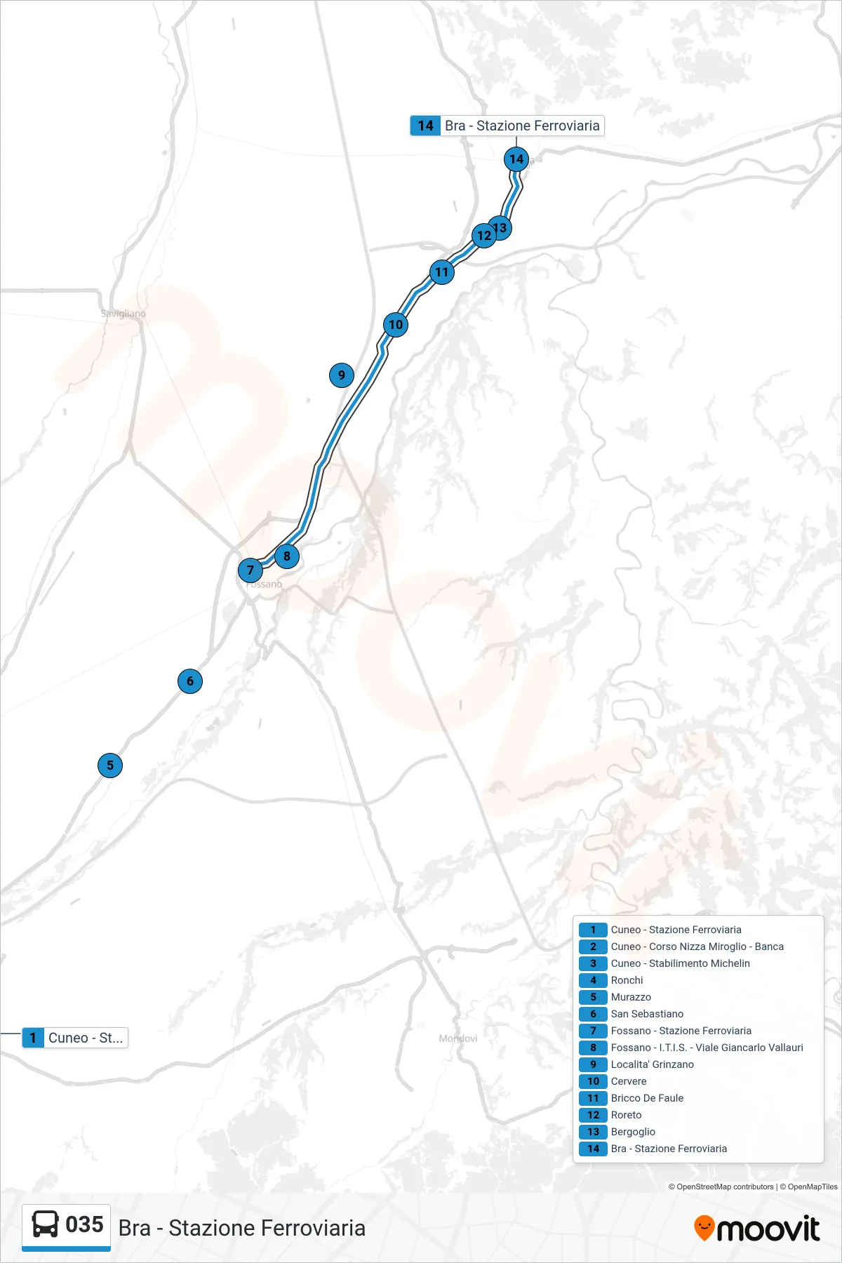 Linea 035  bus (Bra - Stazione Ferroviaria) - Percorsi e fermate sulla mappa