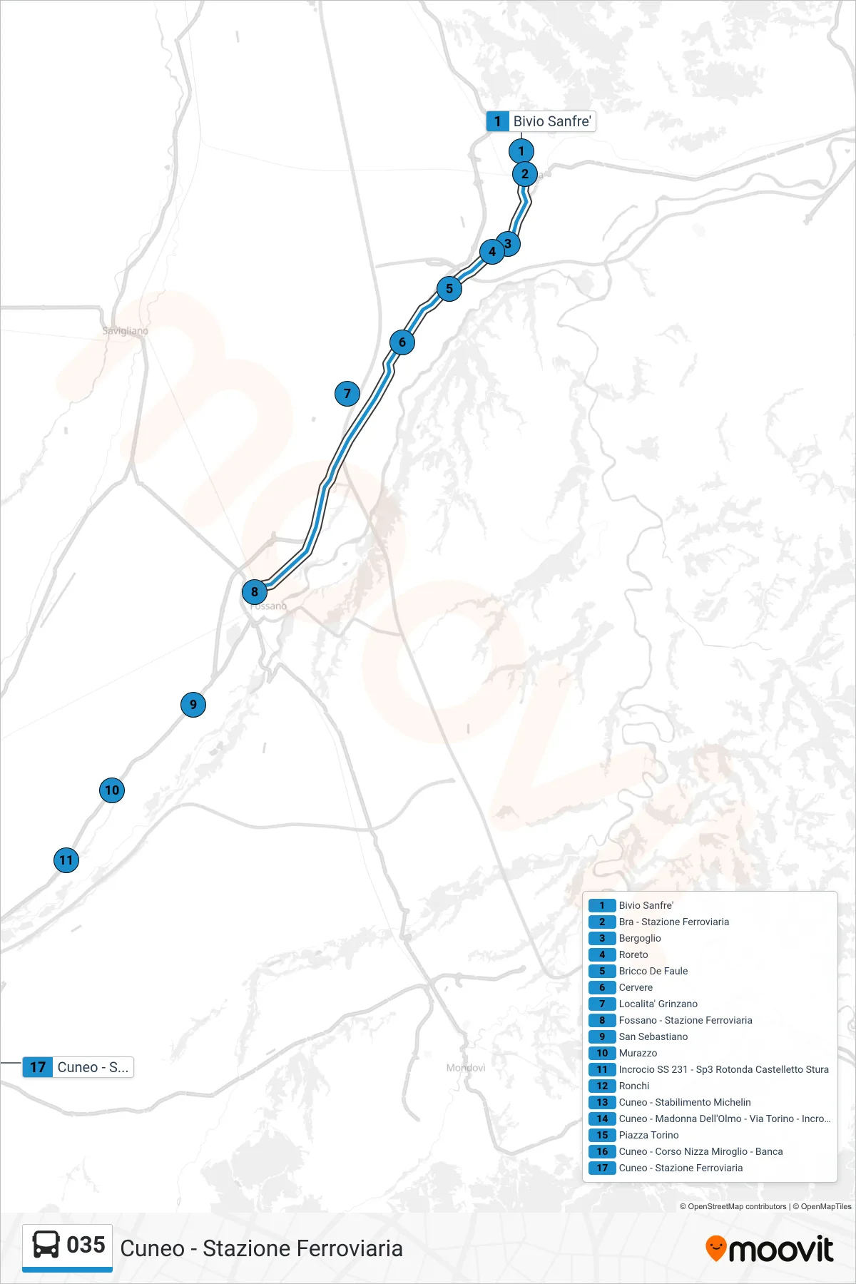 Linea 035 bus (Cuneo - Stazione Ferroviaria) - Percorsi e fermate sulla mappa