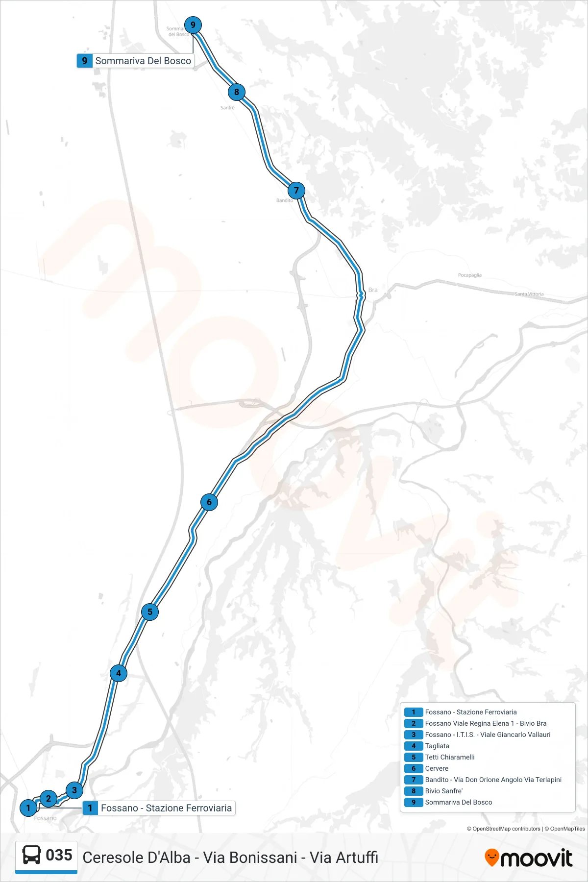 Linea 035  bus (Ceresole D'Alba - Via Bonissani - Via Artuffi) - Percorsi e fermate sulla mappa