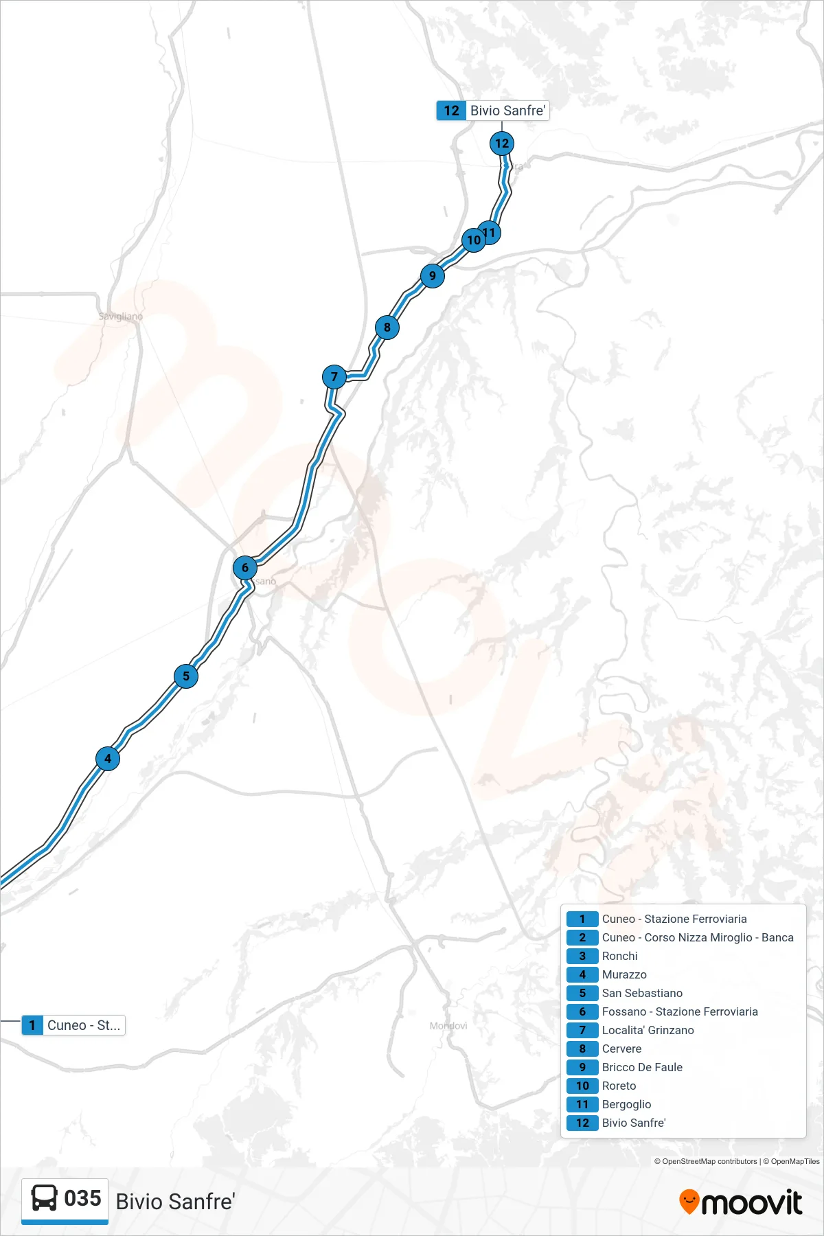 Linea 035  bus (Bivio Sanfre') - Percorsi e fermate sulla mappa