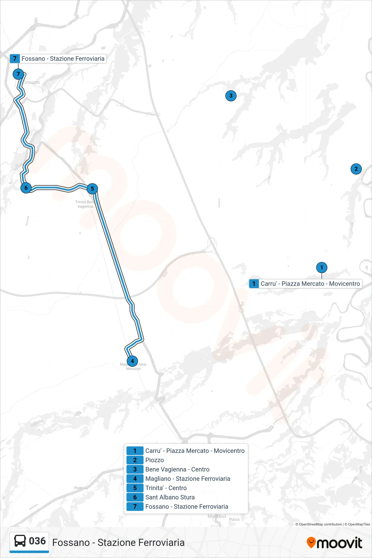 Linea 036  bus (Fossano - Stazione Ferroviaria) - Percorsi e fermate sulla mappa