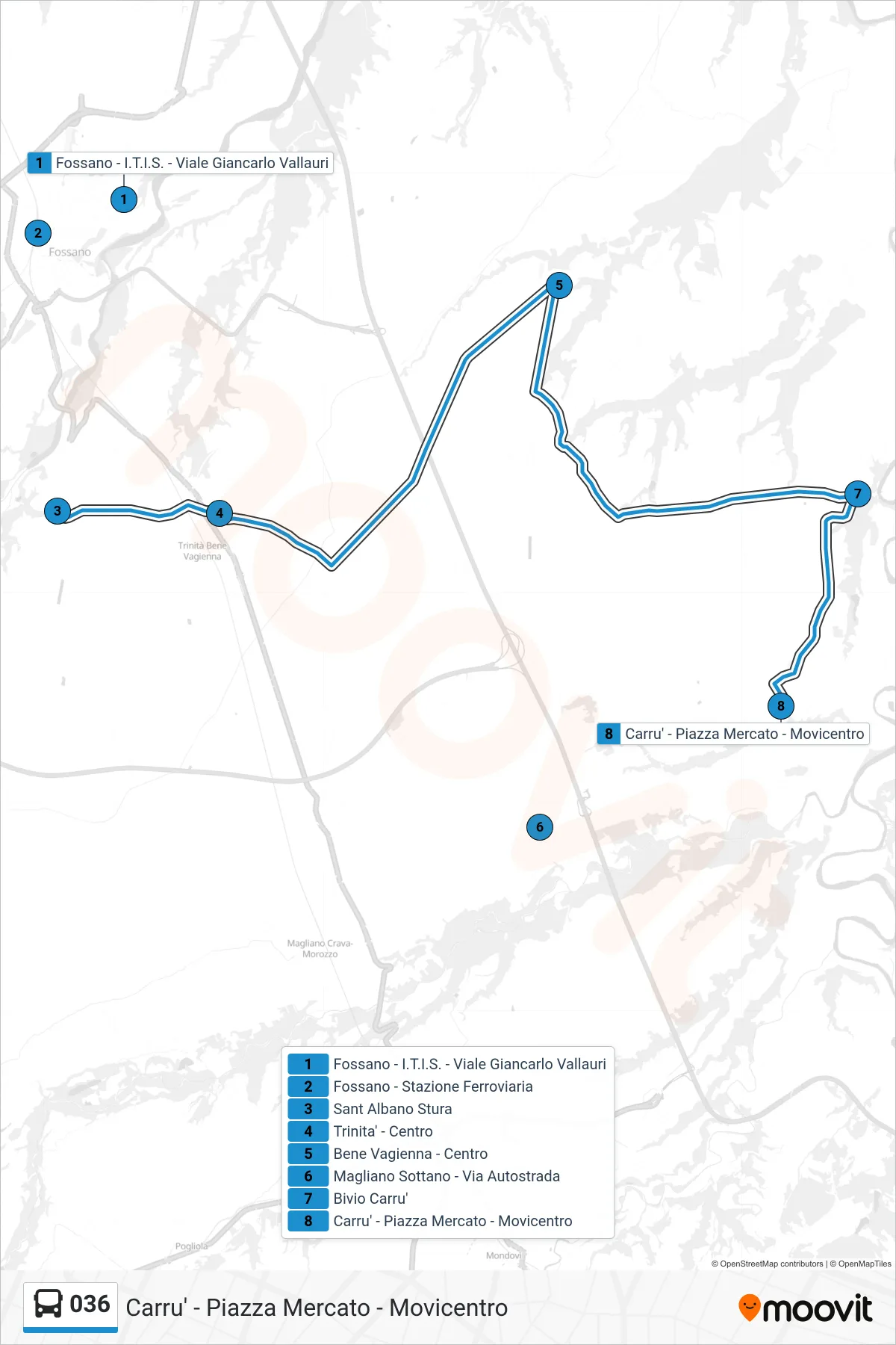 Linea 036 bus (Carru' - Piazza Mercato - Movicentro) - Percorsi e fermate sulla mappa