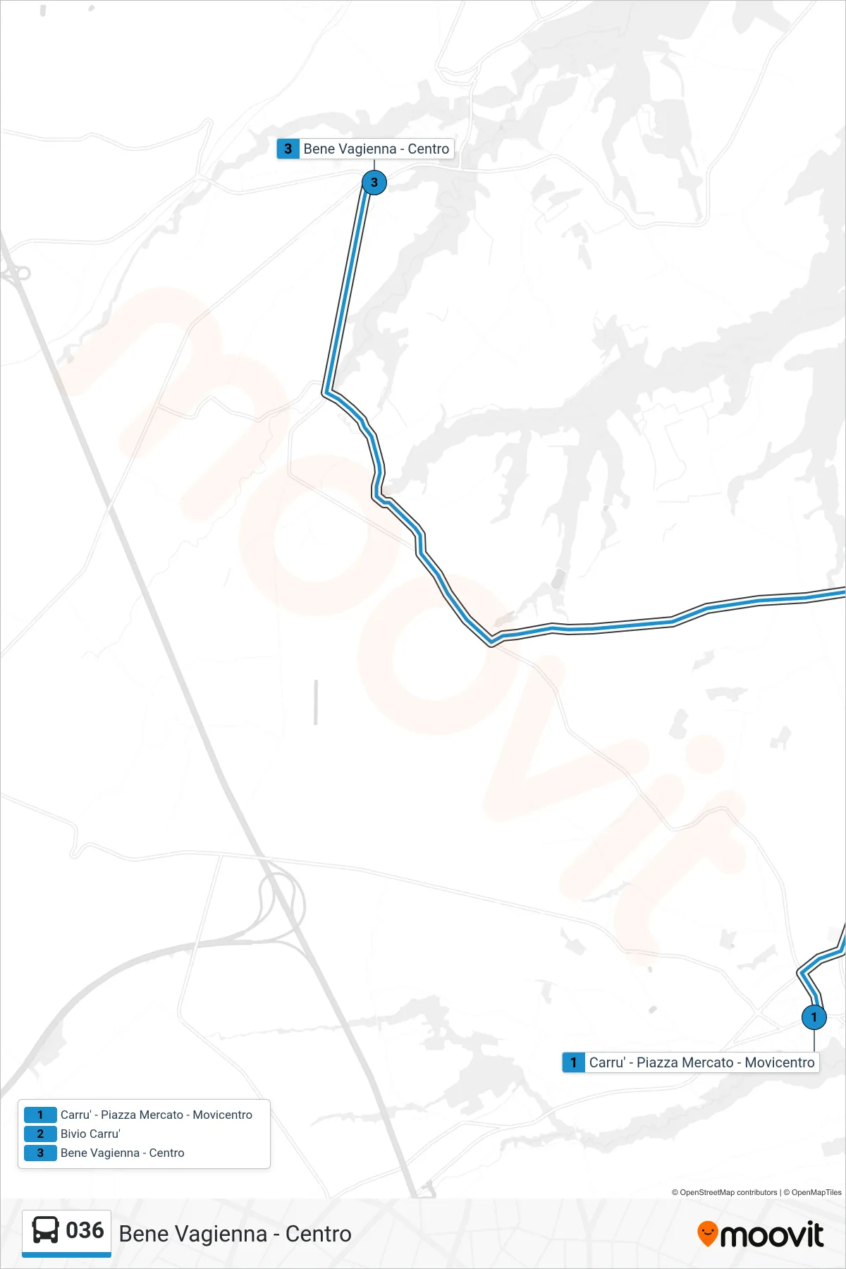 Linea 036 bus (Bene Vagienna - Centro) - Percorsi e fermate sulla mappa