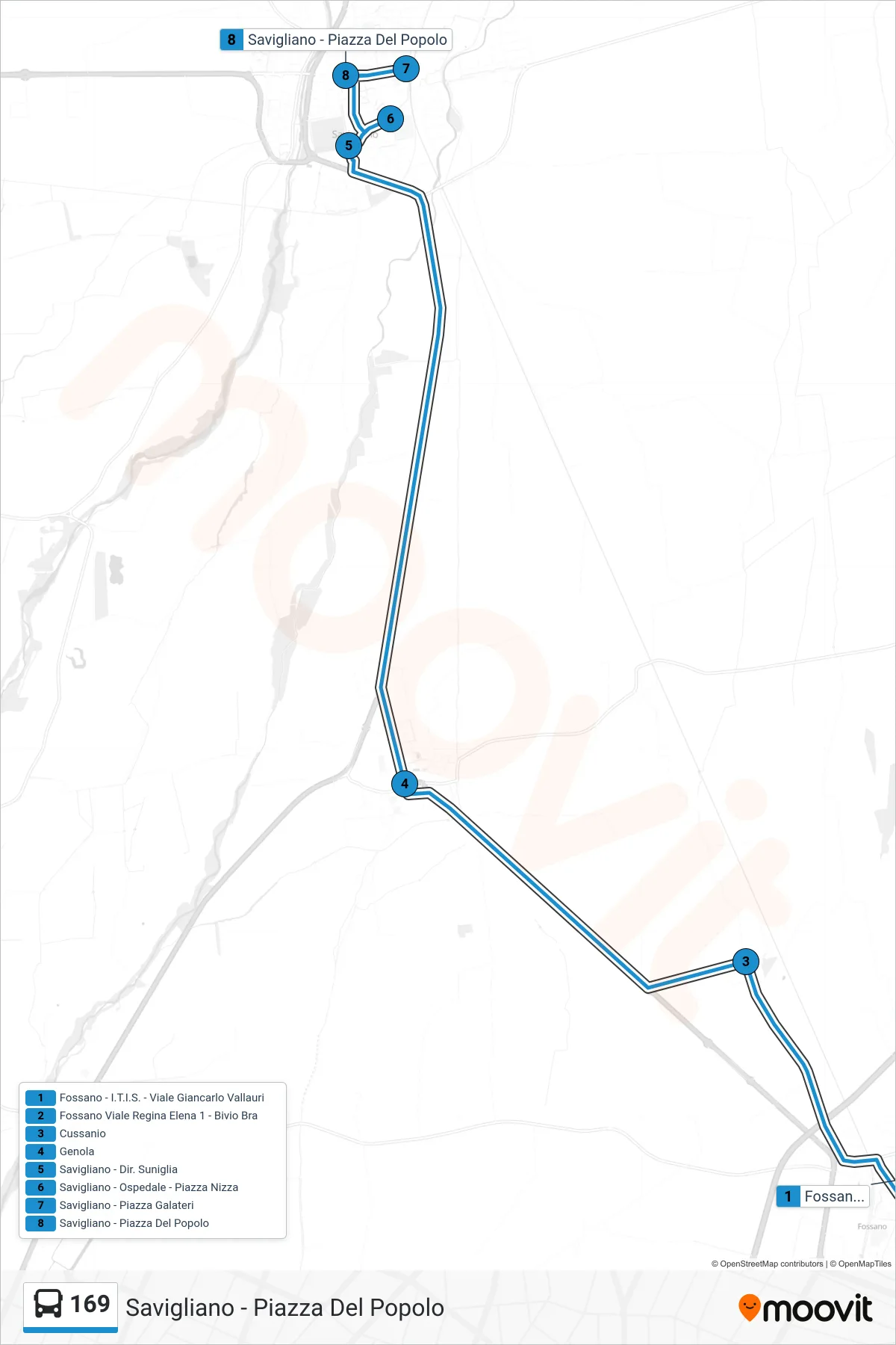 Linea 169  bus (Savigliano - Piazza Del Popolo) - Percorsi e fermate sulla mappa