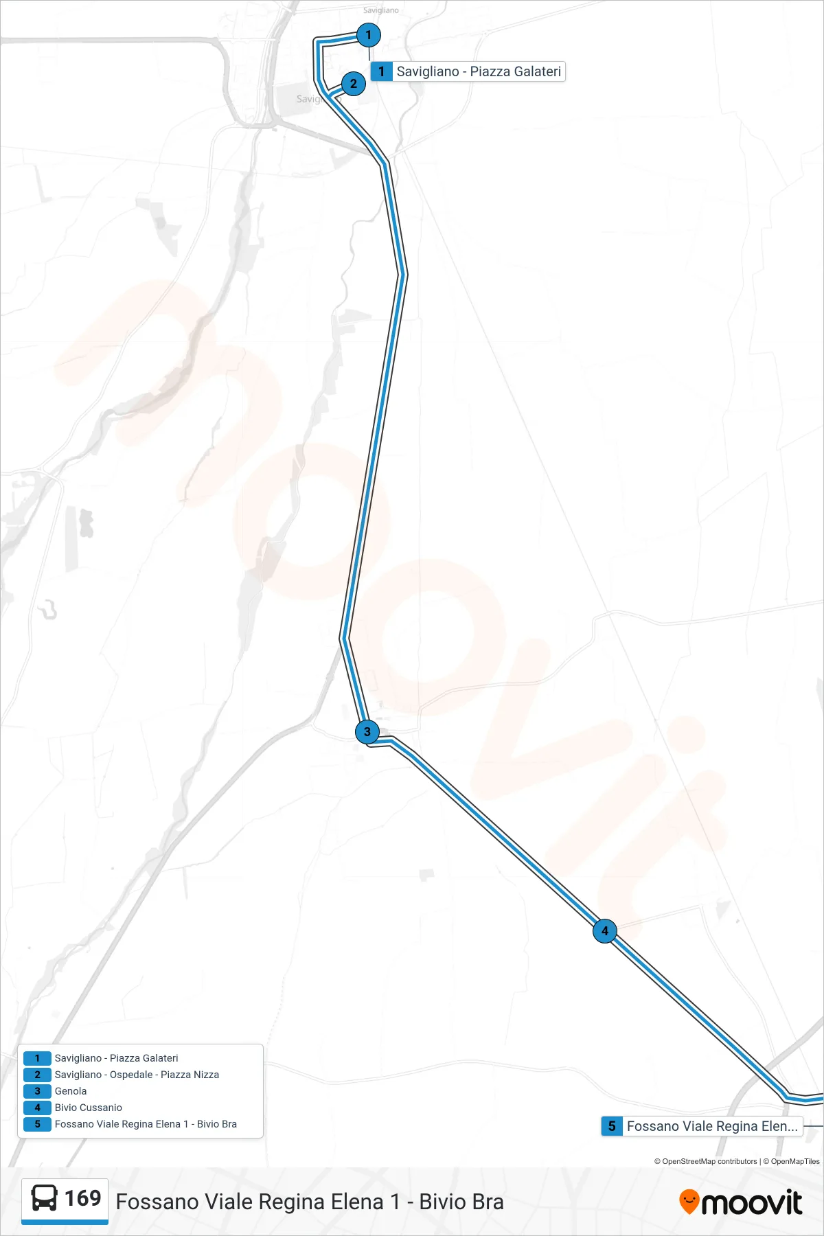 Linea 169 bus (Fossano Viale Regina Elena 1 - Bivio Bra) - Percorsi e fermate sulla mappa