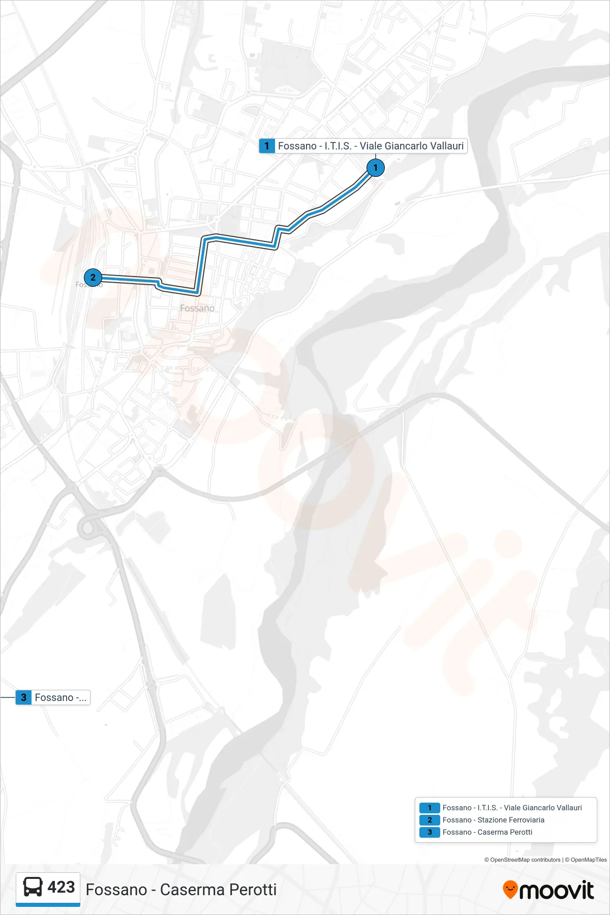 Linea 423 bus (Fossano - Caserma Perotti) - Percorsi e fermate sulla mappa