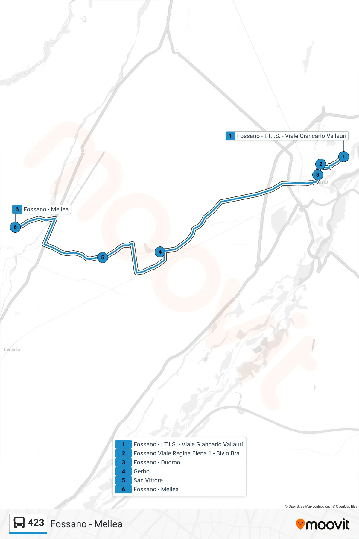 Linea 423  bus (Fossano - Mellea) - Percorsi e fermate sulla mappa