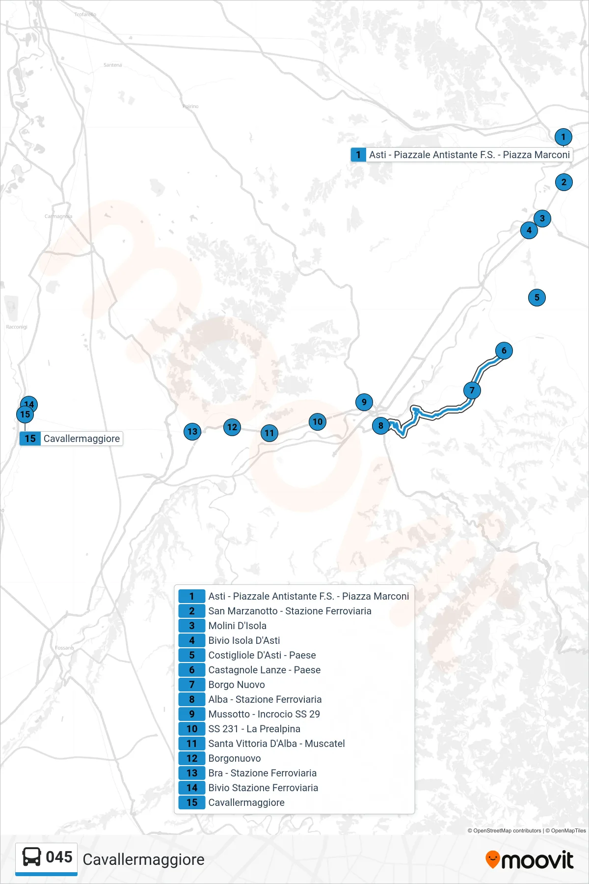 Linea 045 bus (Cavallermaggiore) - Percorsi e fermate sulla mappa