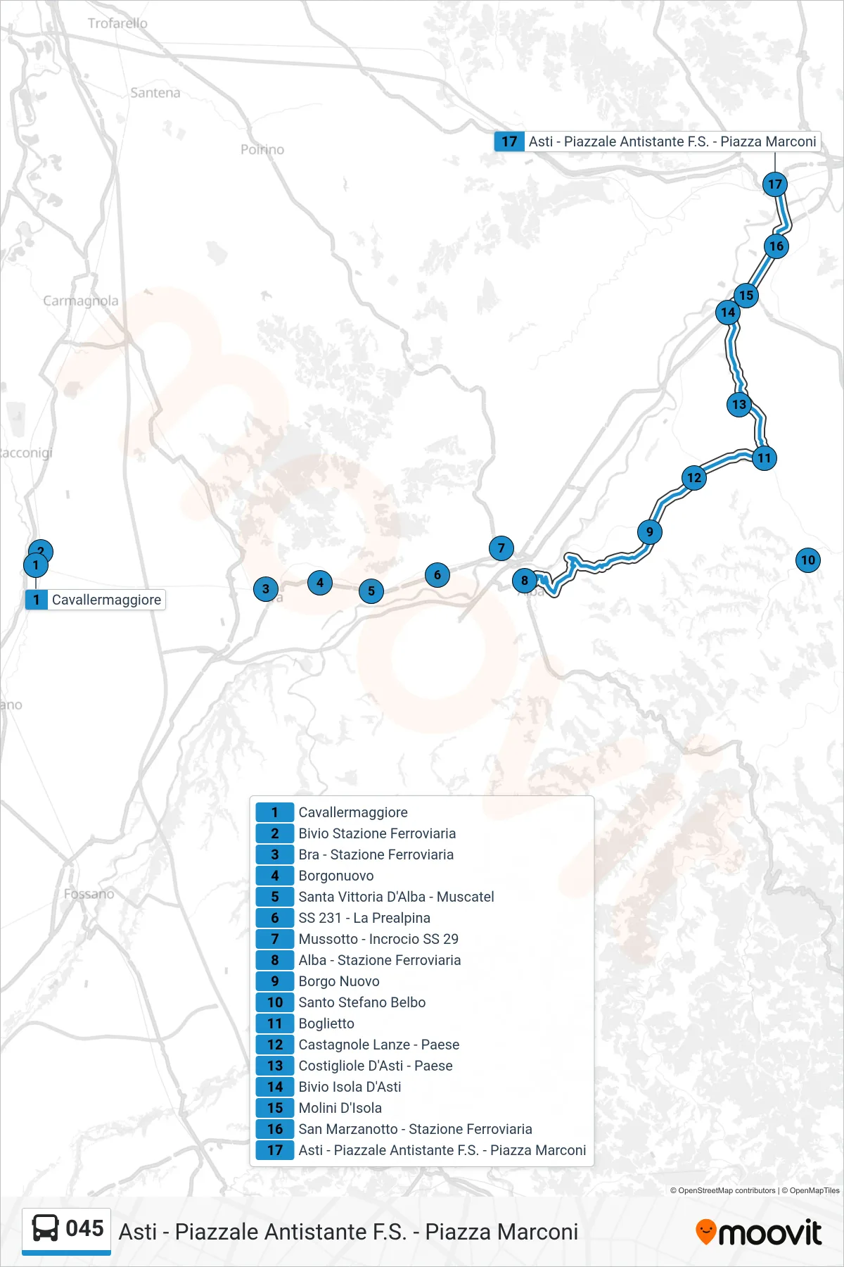 045 bus Line (Asti - Railway Station Square - Marconi Square) route and stops on a map