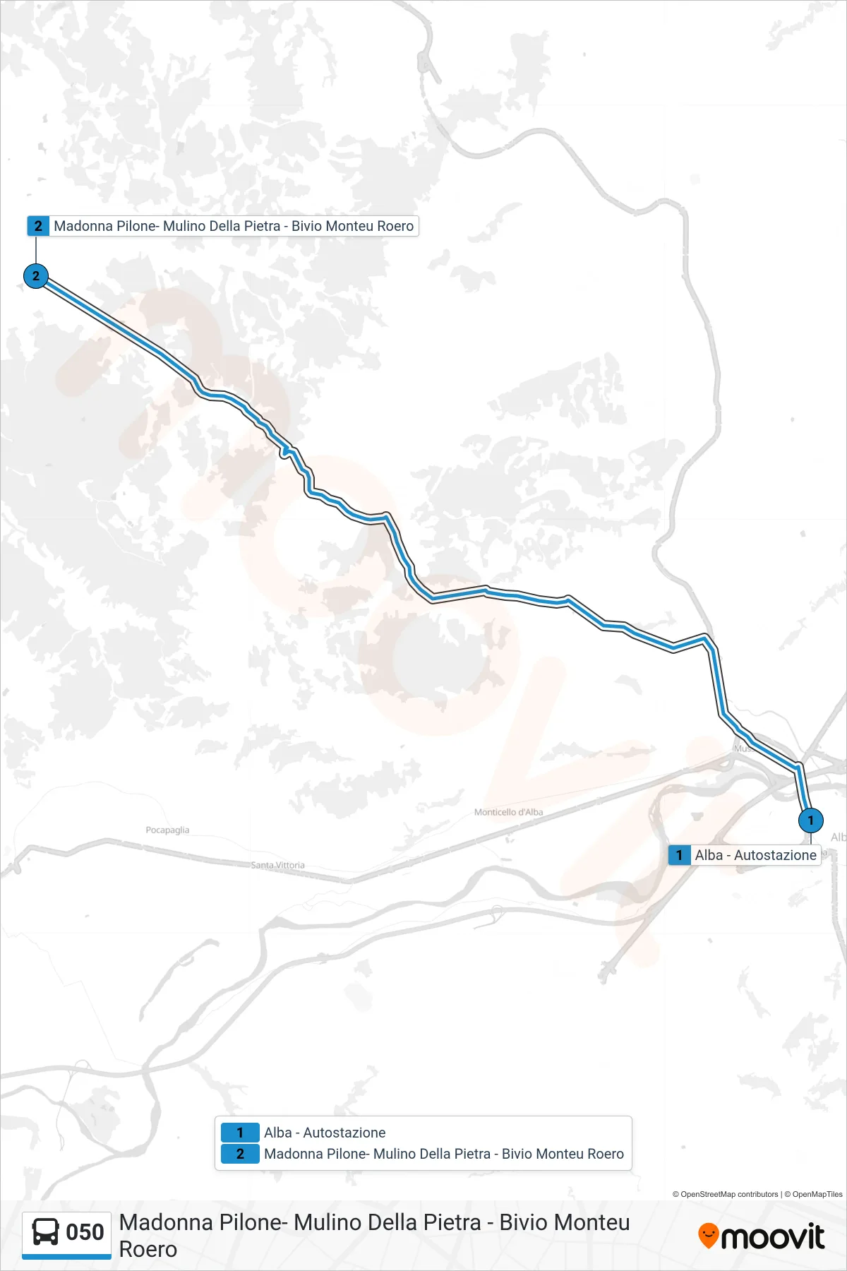 Linea 050 bus (Madonna Pilone- Mulino Della Pietra - Bivio Monteu Roero) - Percorsi e fermate sulla mappa