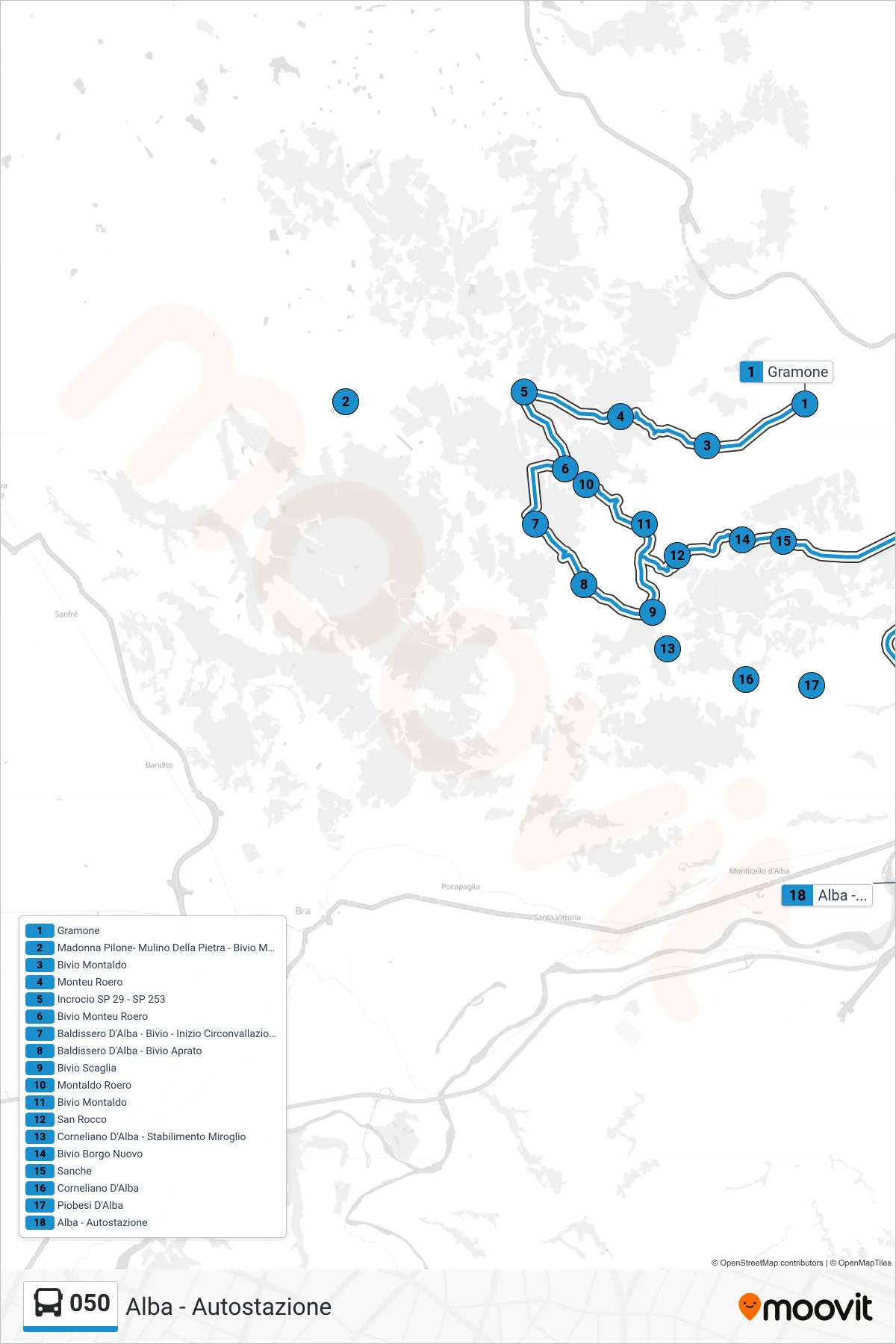 Linea 050  bus (Alba - Autostazione) - Percorsi e fermate sulla mappa