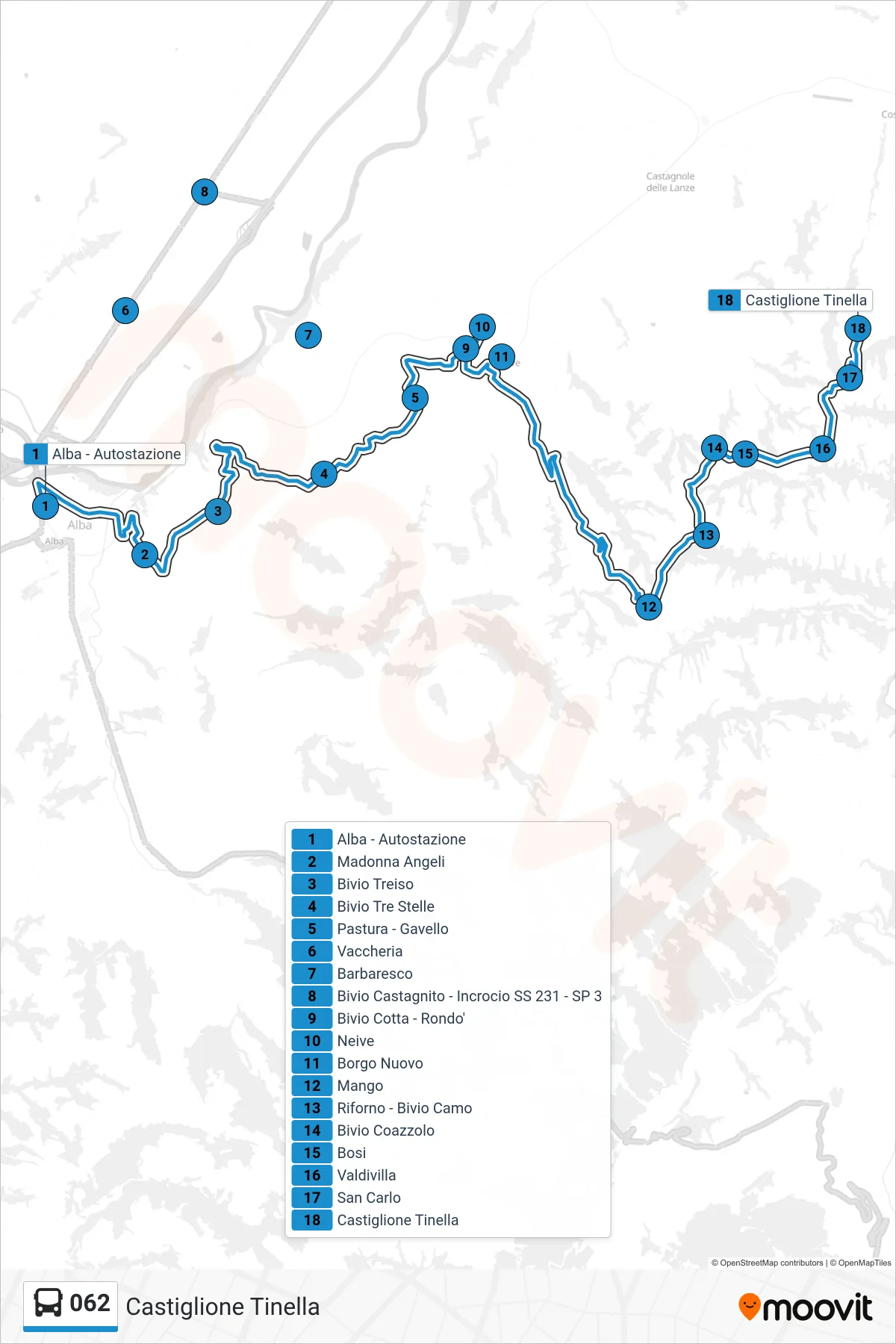 Linea 062 bus (Castiglione Tinella) - Percorsi e fermate sulla mappa