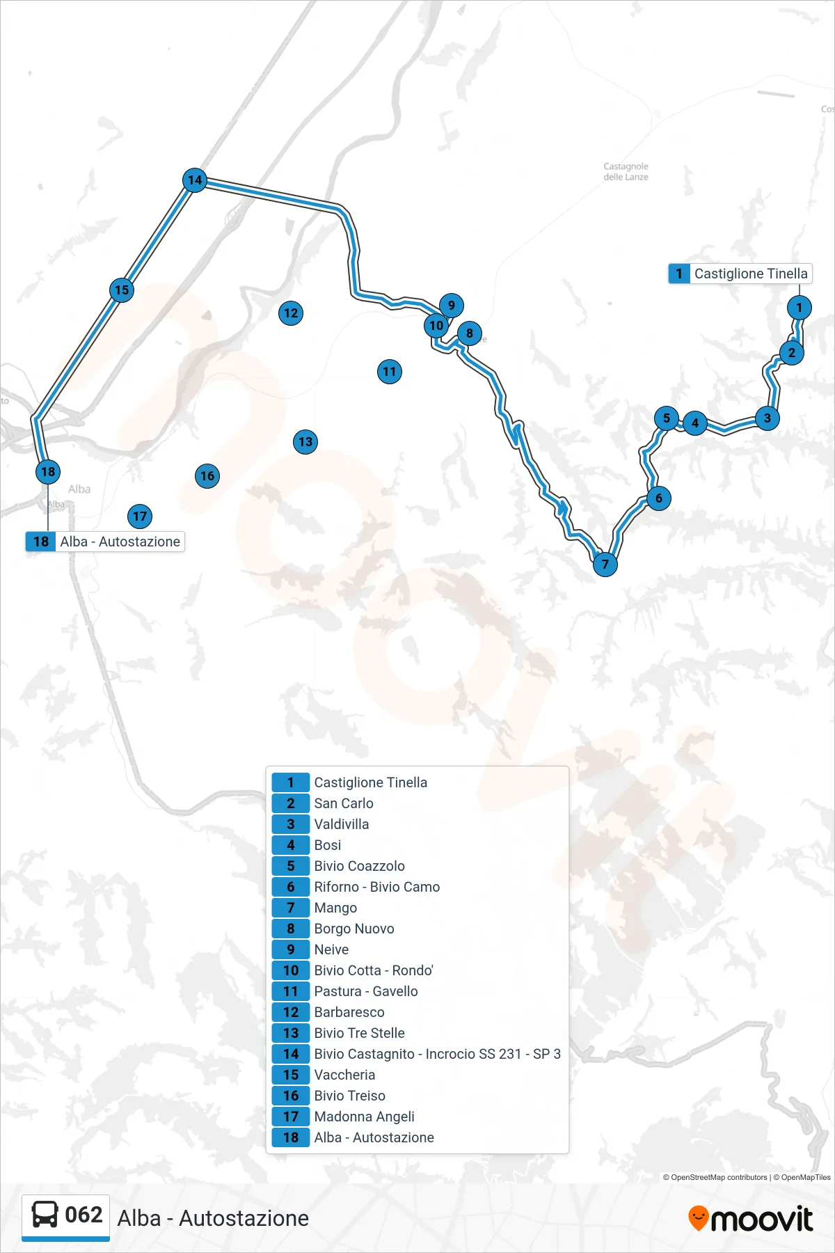 Linea 062 bus (Alba - Autostazione) - Percorsi e fermate sulla mappa