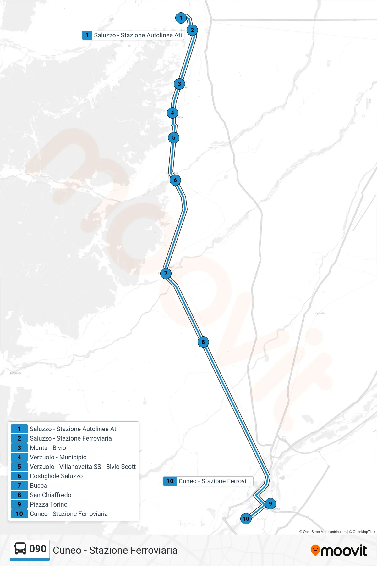 Linea 090  bus (Cuneo - Stazione Ferroviaria) - Percorsi e fermate sulla mappa