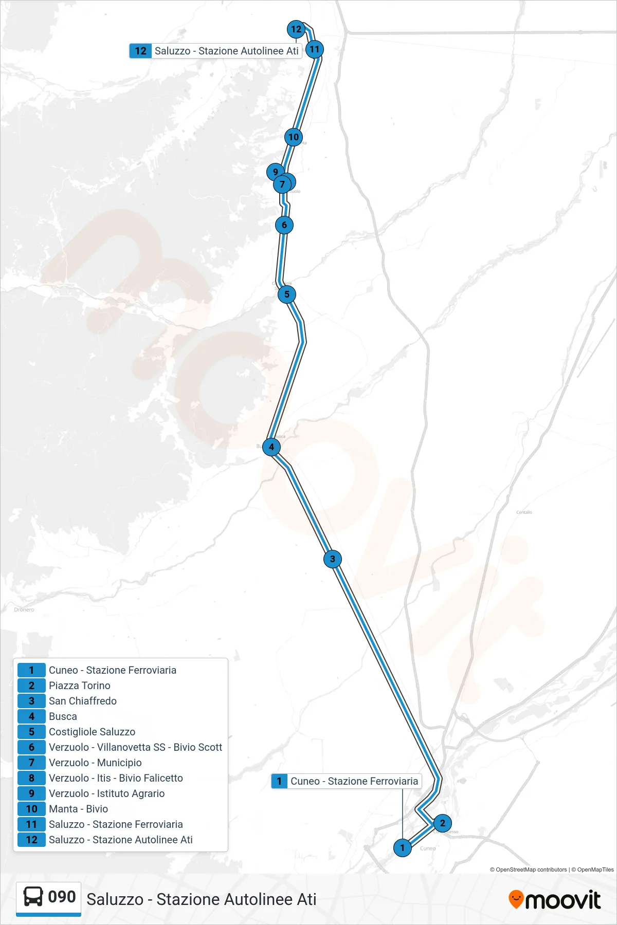 Linea 090 bus (Saluzzo - Stazione Autolinee Ati) - Percorsi e fermate sulla mappa