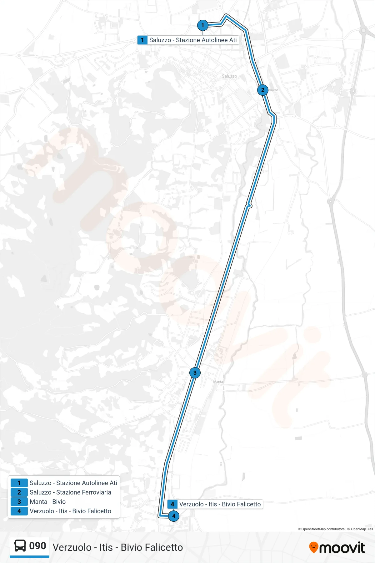 Linea 090  bus (Verzuolo - Itis - Bivio Falicetto) - Percorsi e fermate sulla mappa