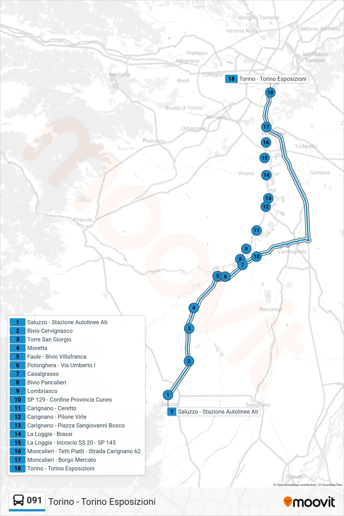Linea 091 bus (Torino - Torino Esposizioni) - Percorsi e fermate sulla mappa