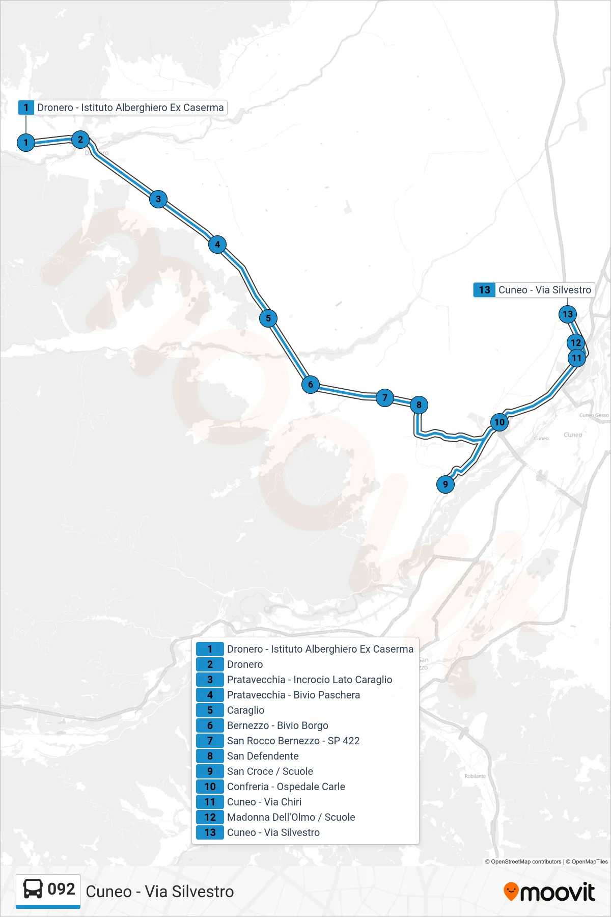 Linea 092 bus (Cuneo - Via Silvestro) - Percorsi e fermate sulla mappa