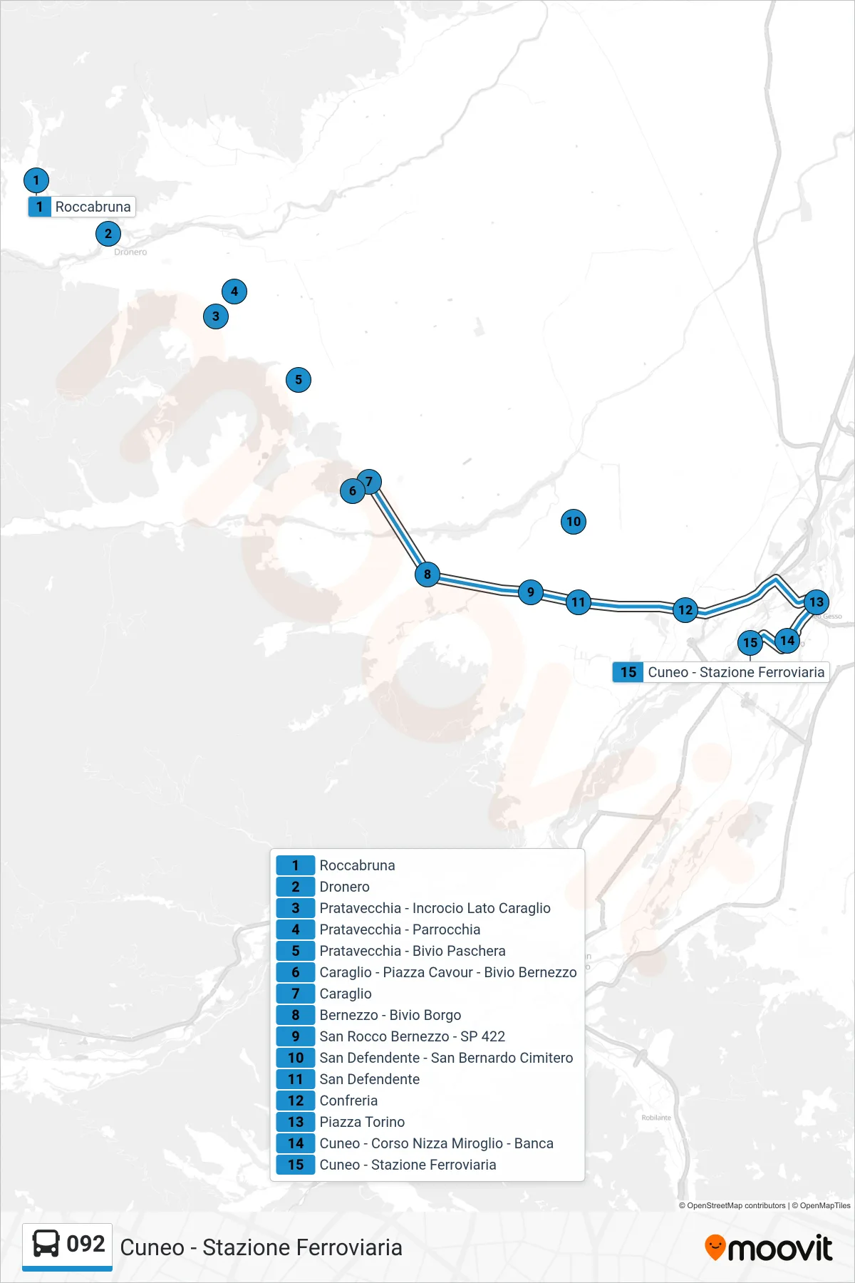 Linea 092 bus (Cuneo - Stazione Ferroviaria) - Percorsi e fermate sulla mappa
