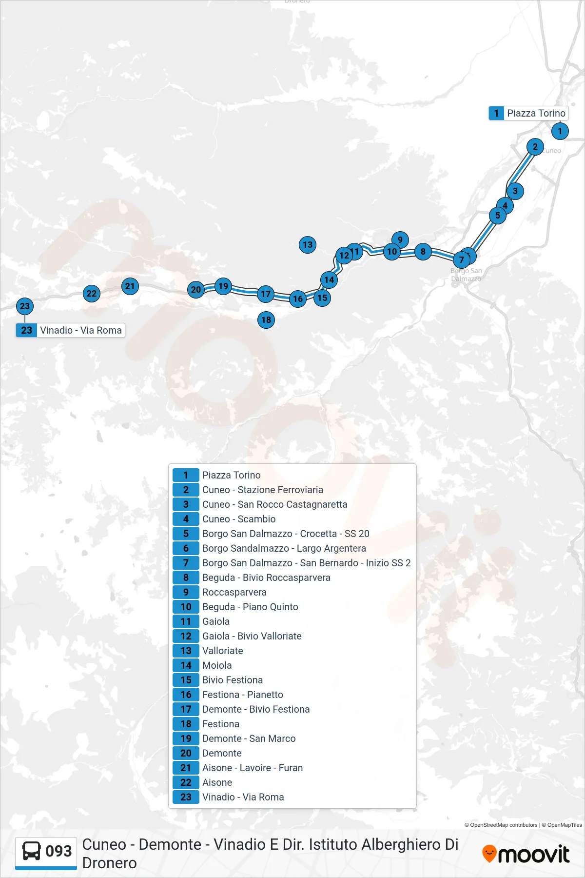 Linea 093 bus (Vinadio - Via Roma) - Percorsi e fermate sulla mappa