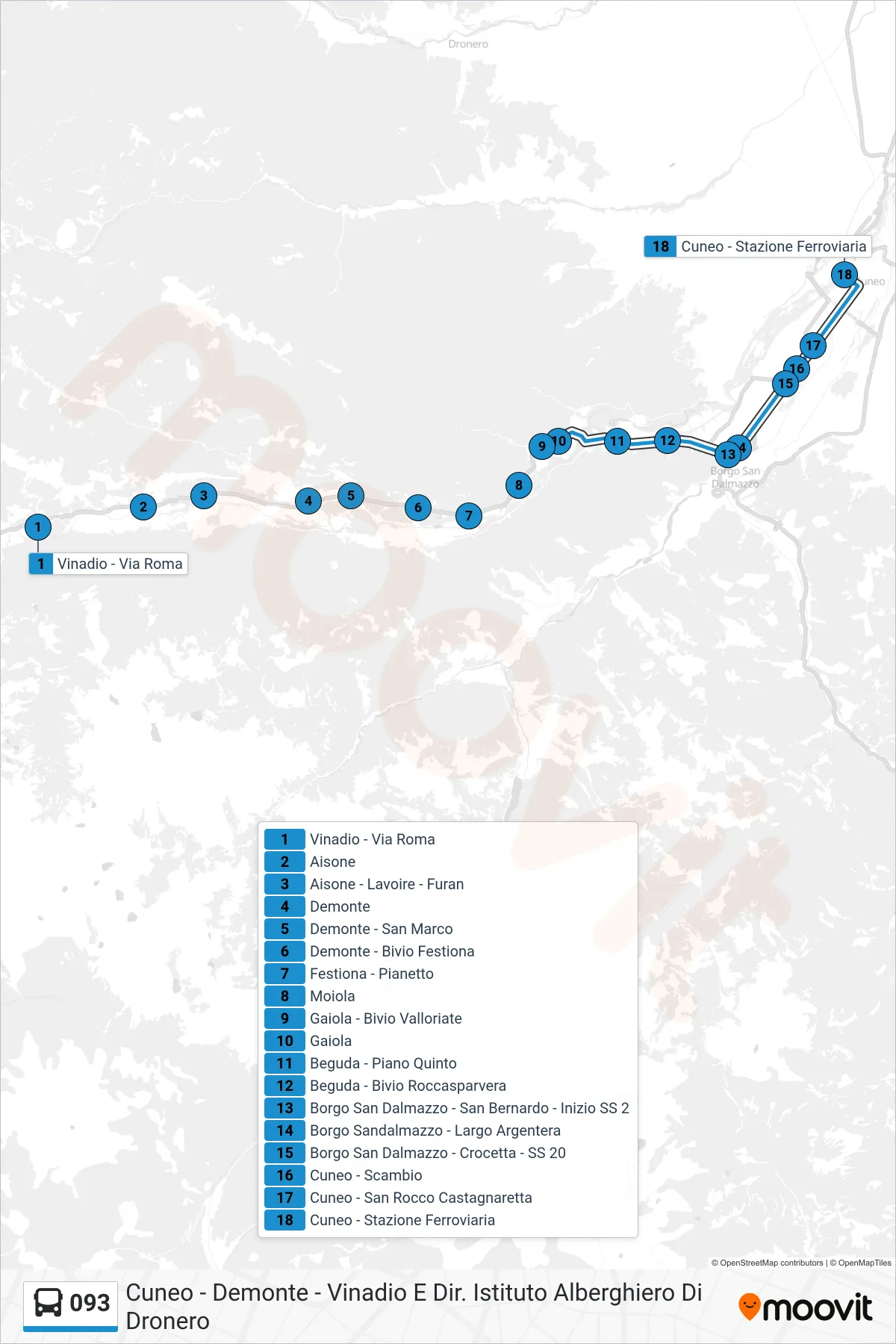 Linea 093  bus (Cuneo - Stazione Ferroviaria) - Percorsi e fermate sulla mappa