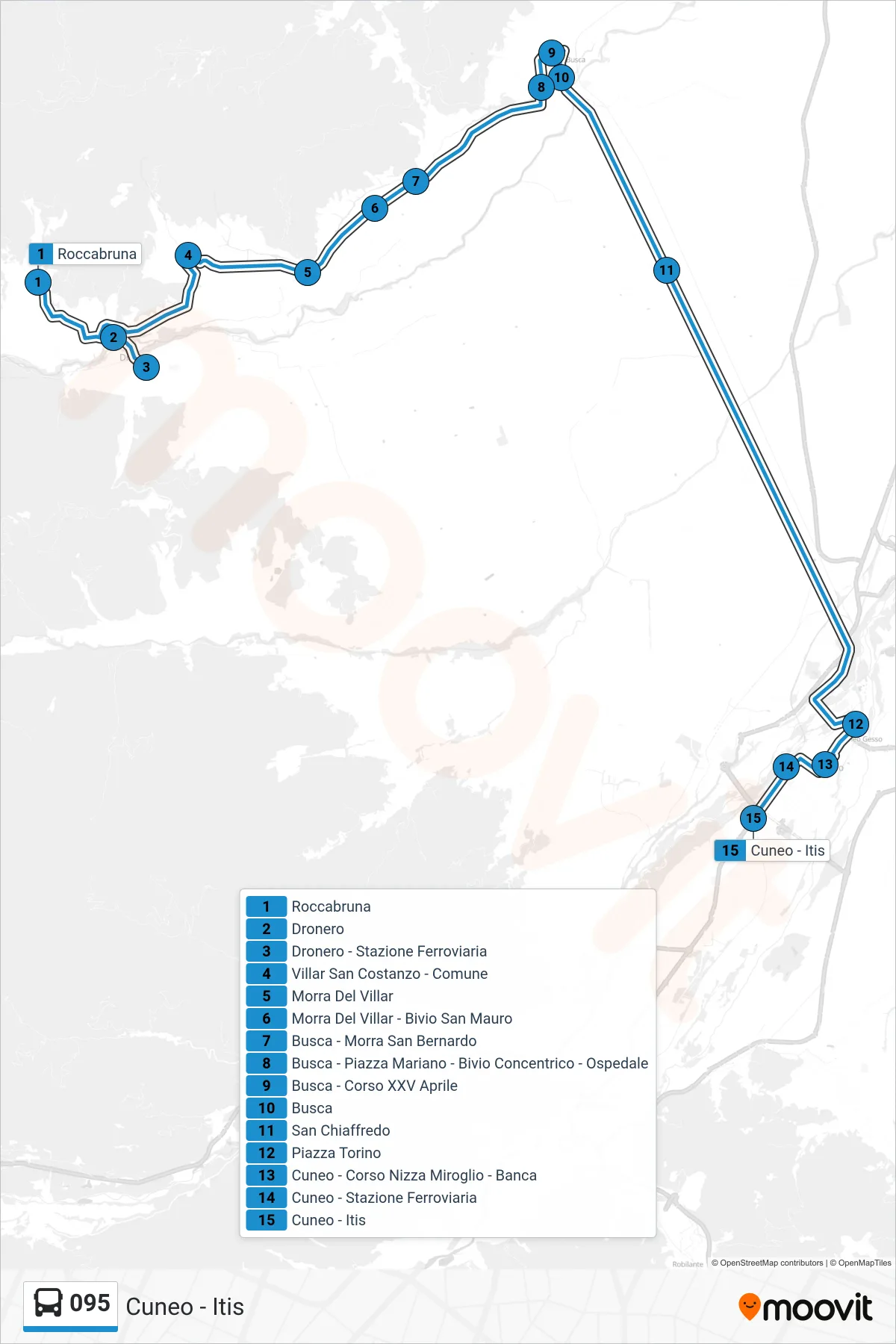 Linea 095 bus (Cuneo - Itis) - Percorsi e fermate sulla mappa