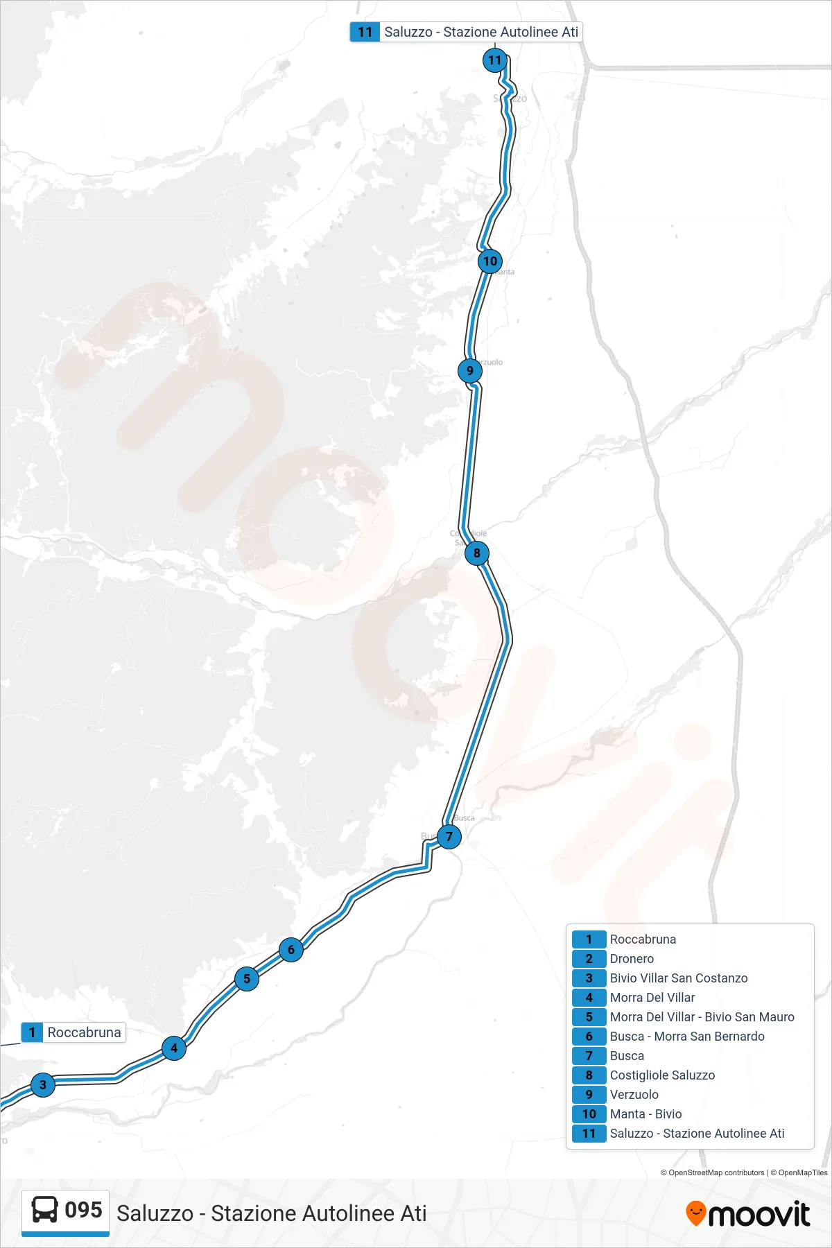 Linea 095 bus (Saluzzo - Stazione Autolinee Ati) - Percorsi e fermate sulla mappa