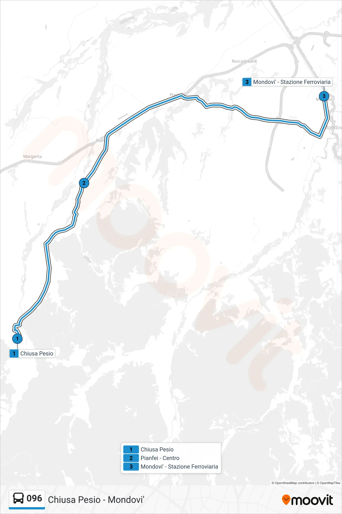 Linea 096  bus (Mondovi' - Stazione Ferroviaria) - Percorsi e fermate sulla mappa