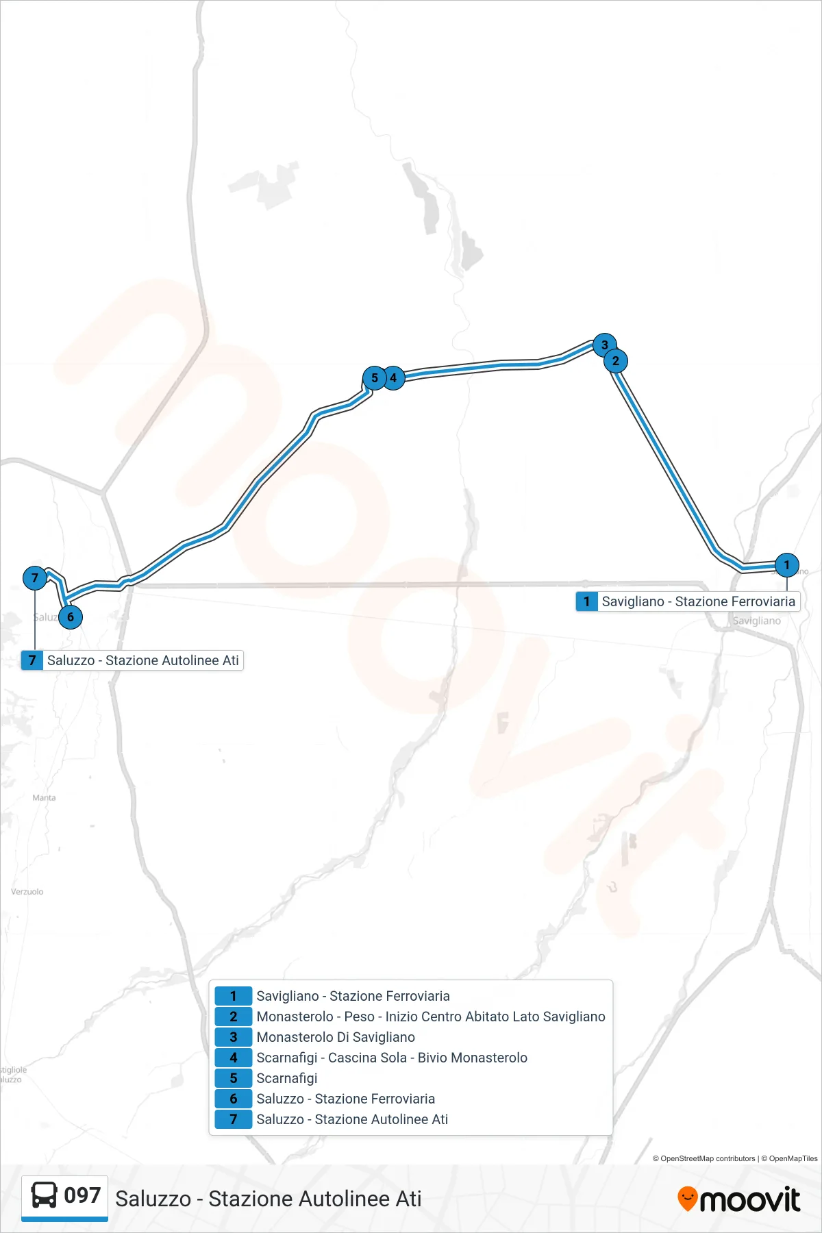 Linea 097 bus (Saluzzo - Stazione Autolinee Ati) - Percorsi e fermate sulla mappa