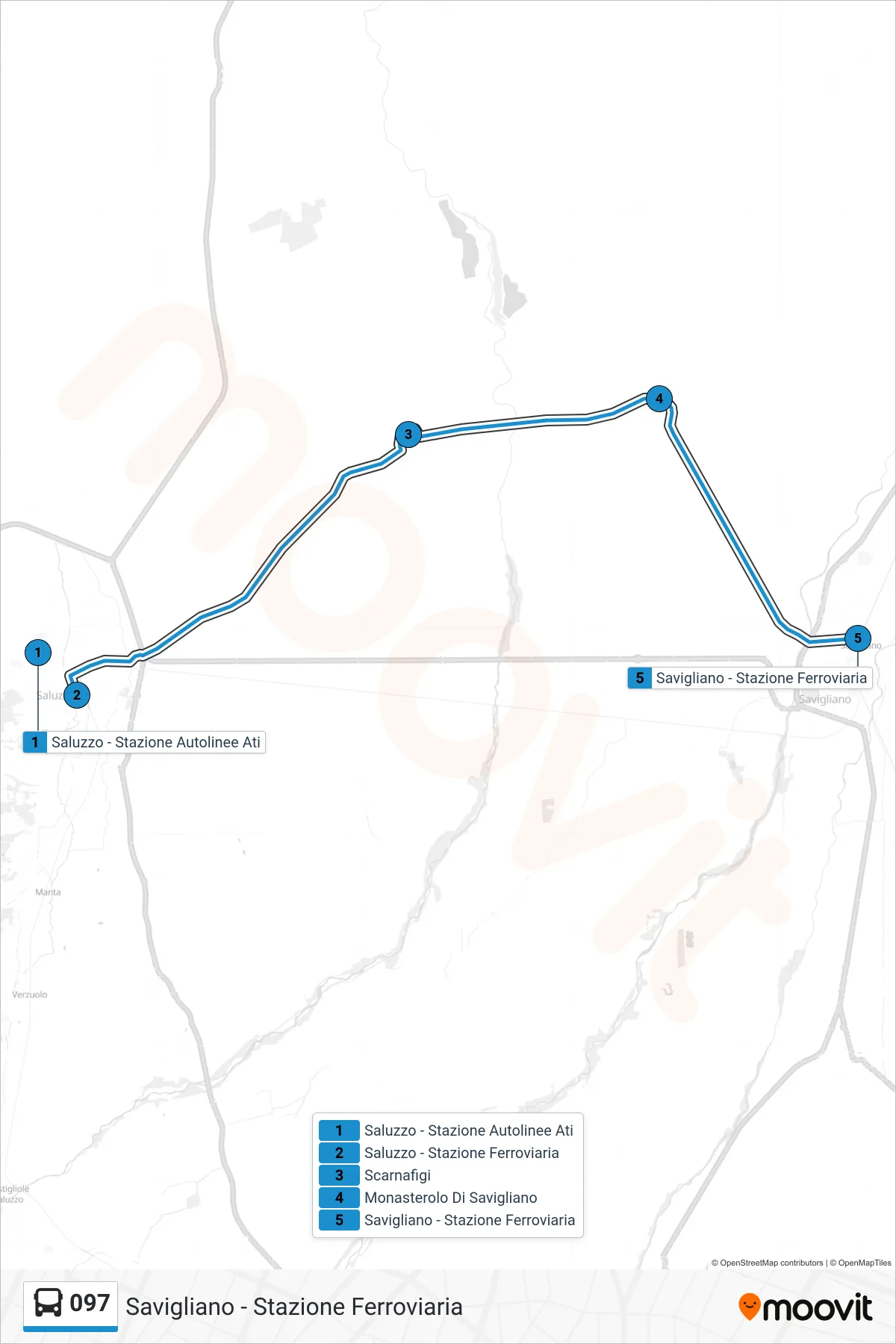 Linea 097  bus (Savigliano - Stazione Ferroviaria) - Percorsi e fermate sulla mappa