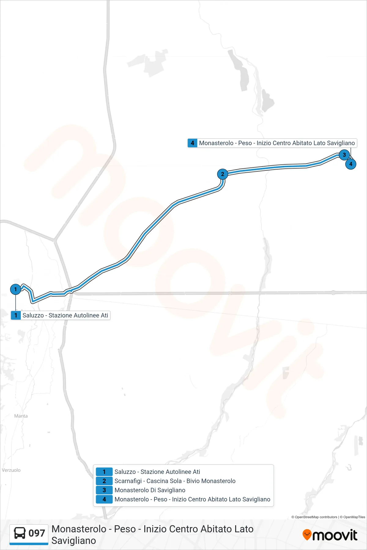 Linea 097  bus (Monasterolo - Peso - Inizio Centro Abitato Lato Savigliano) - Percorsi e fermate sulla mappa