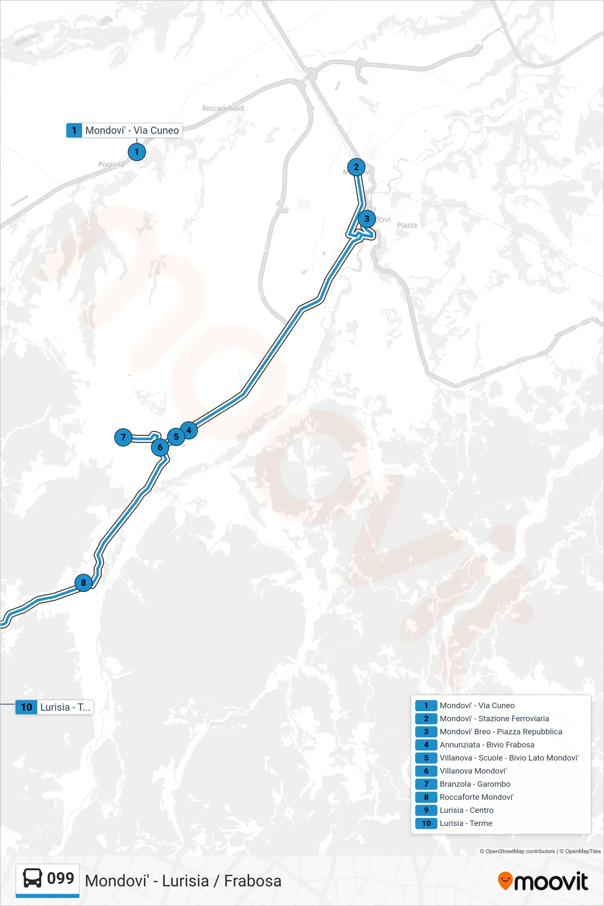 Linea 099  bus (Lurisia - Terme) - Percorsi e fermate sulla mappa
