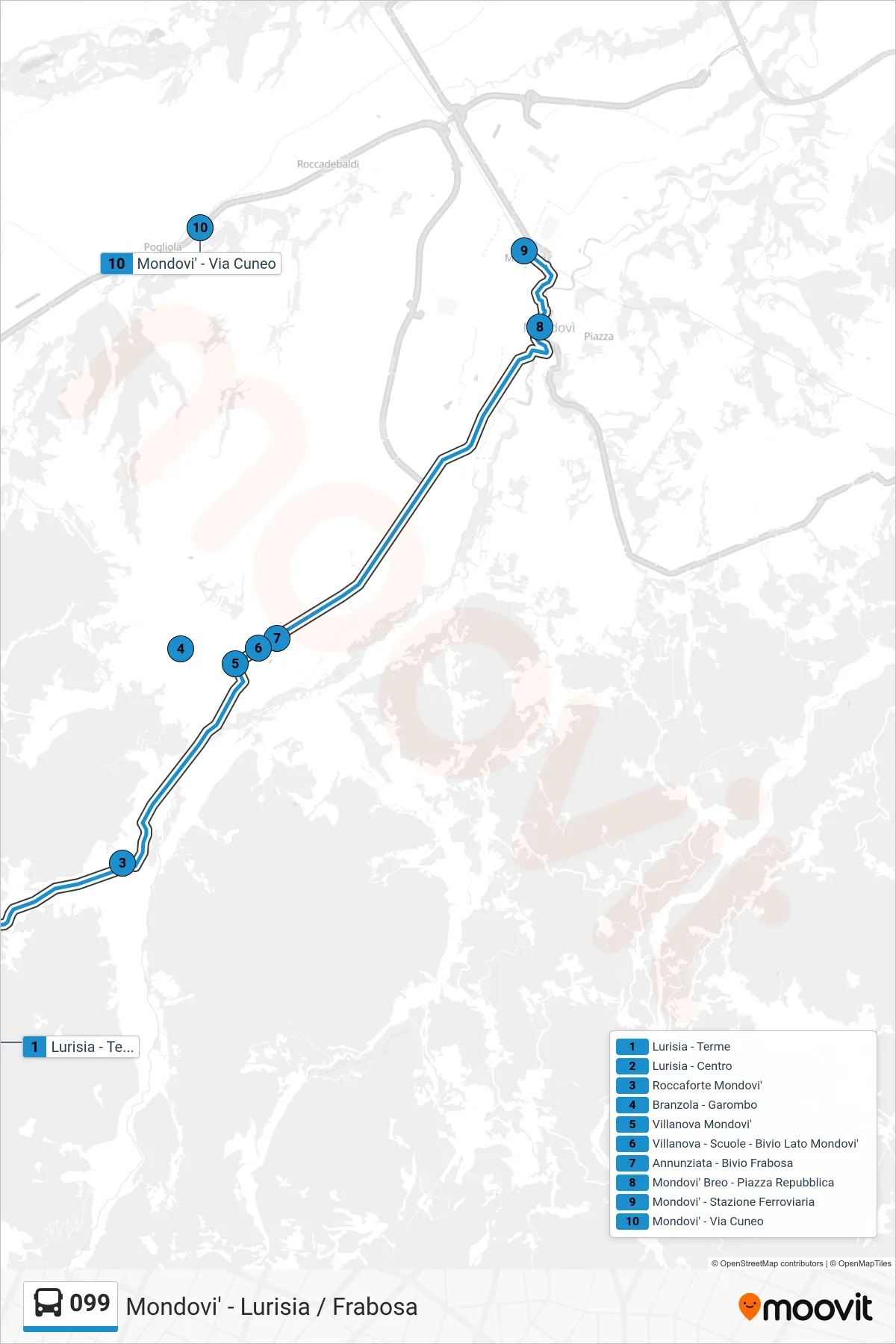 Linea 099  bus (Mondovi' - Via Cuneo) - Percorsi e fermate sulla mappa
