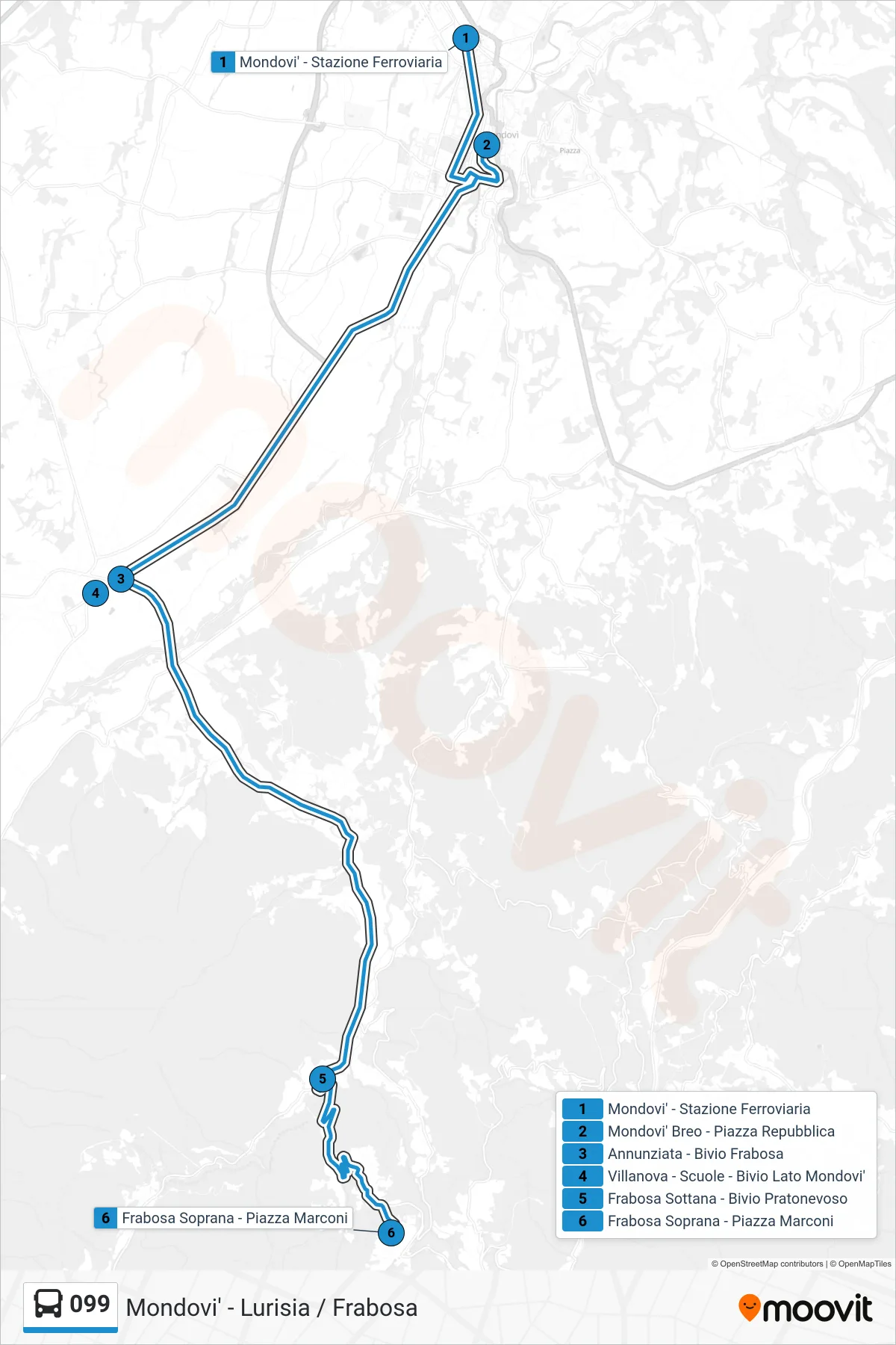 Linea 099 bus (Frabosa Soprana - Piazza Marconi) - Percorsi e fermate sulla mappa