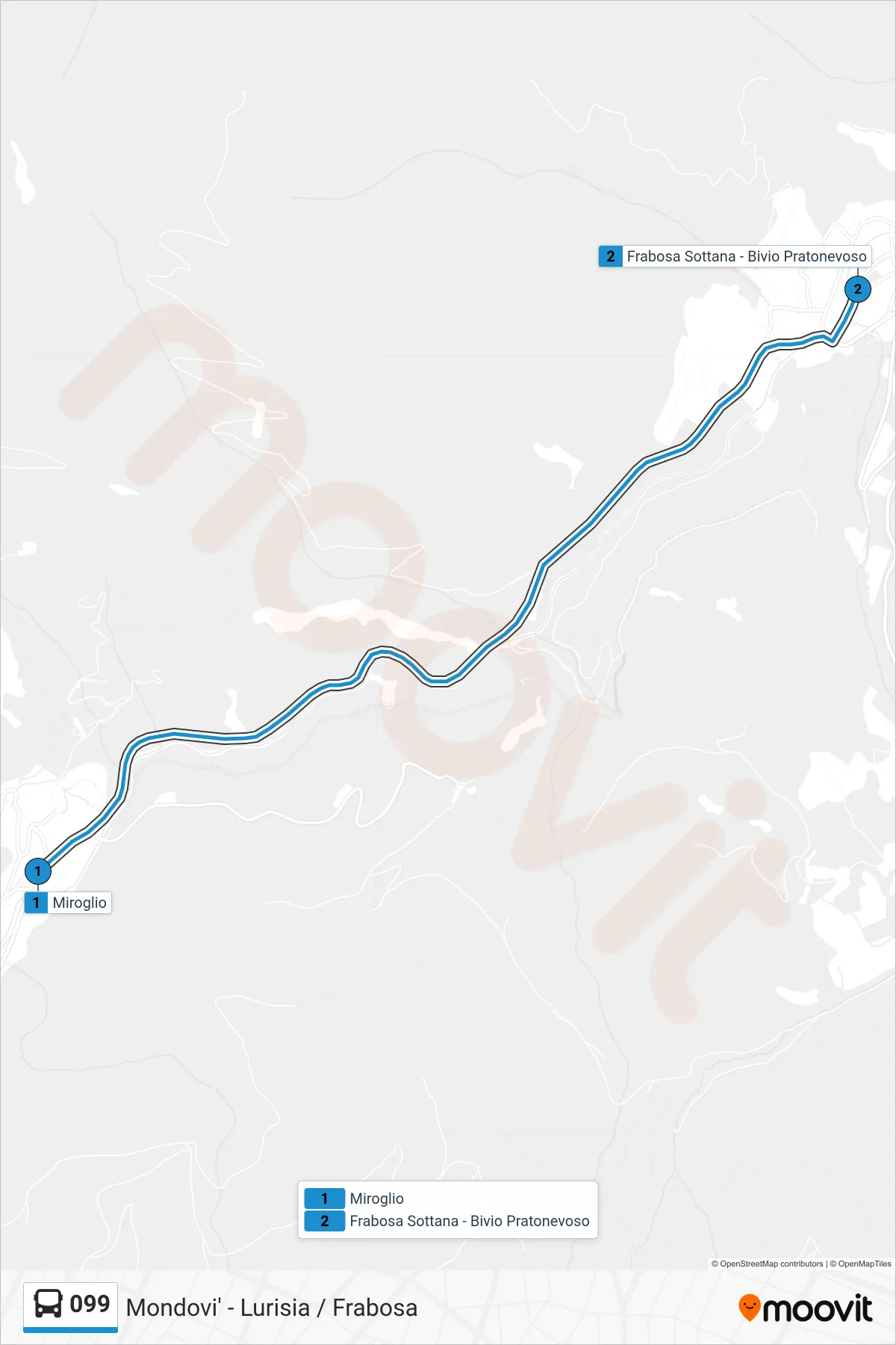 Linea 099 bus (Frabosa Sottana - Bivio Pratonevoso) - Percorsi e fermate sulla mappa
