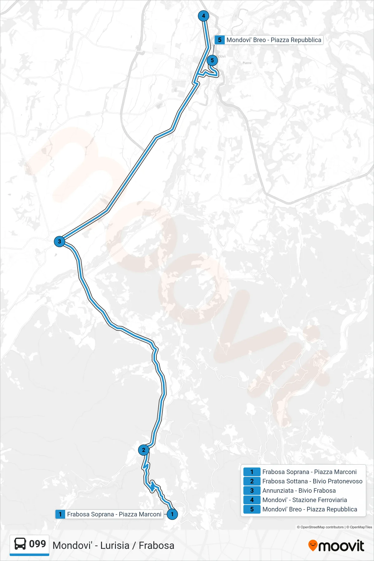Linea 099  bus (Mondovi' Breo - Piazza Repubblica) - Percorsi e fermate sulla mappa