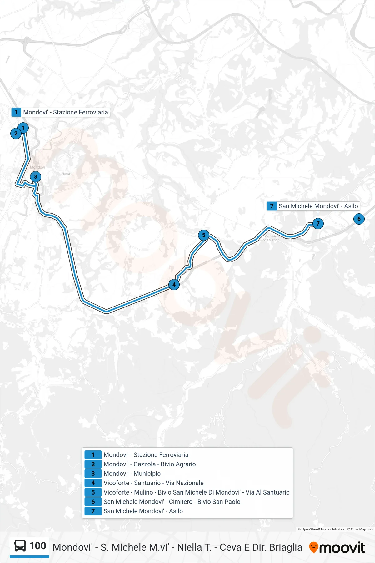 Linea 100  bus (San Michele Mondovi' - Asilo) - Percorsi e fermate sulla mappa