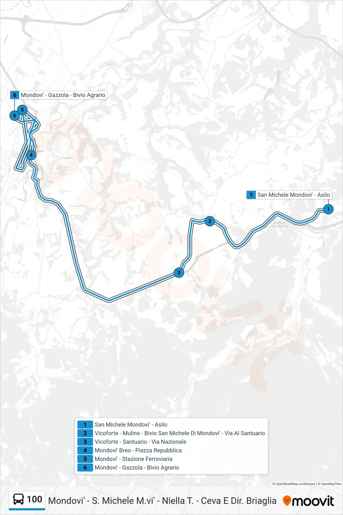 Linea 100 bus (Mondovi' - Gazzola - Bivio Agrario) - Percorsi e fermate sulla mappa