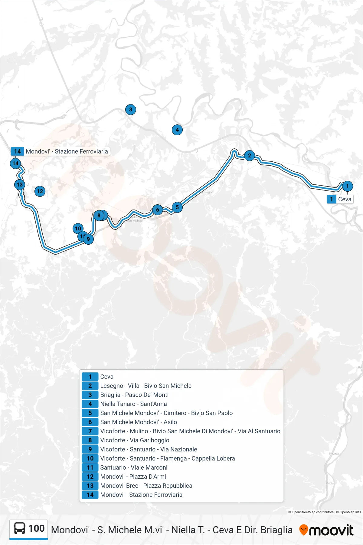 Linea 100 bus (Mondovi' - Stazione Ferroviaria) - Percorsi e fermate sulla mappa